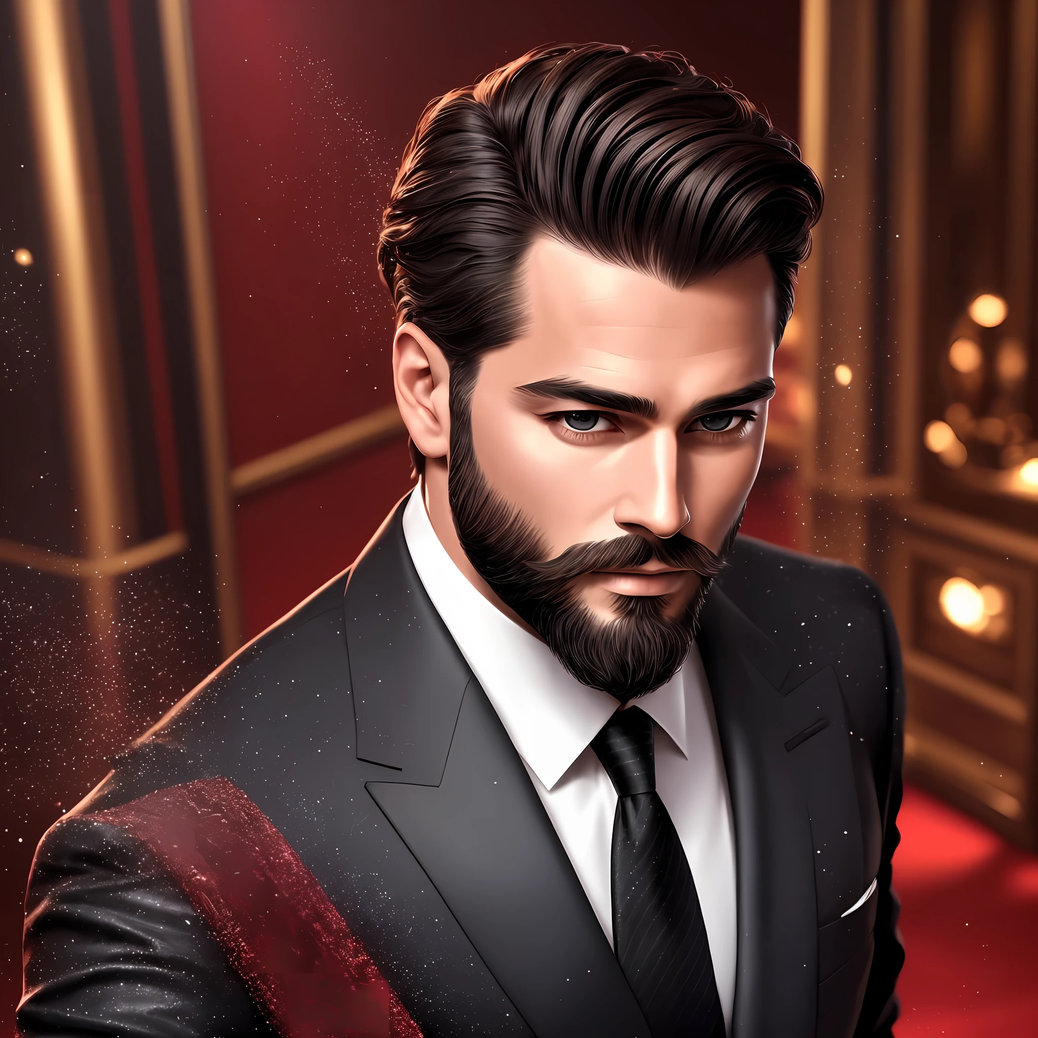 "A chic man with an average beard, wealthy casino owner, wearing a black suit with red tie, sparkling eyes, of better quality, in an 8K image." --auto --s2