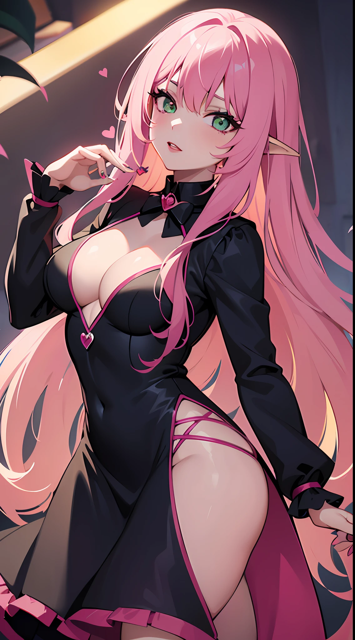 1girl, long hair, pink hair, Green eyes, makeup, full lips, pink lipstick, lip gloss, Nicole demara (ZZZ), succubus, long sleeved dress, erotic, attractive, hearts, alt: background