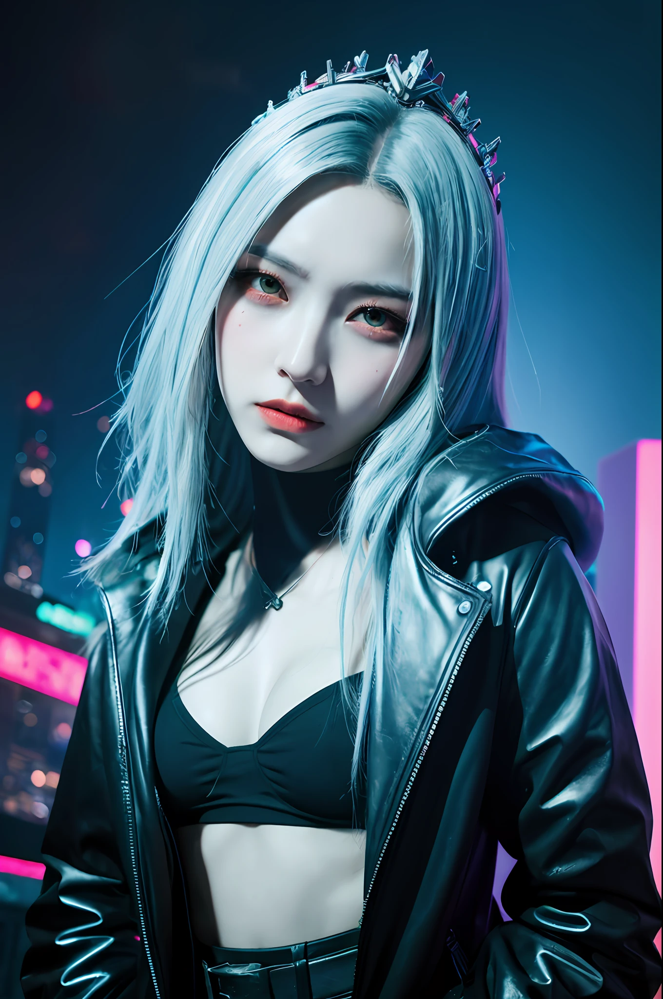 Cornflower's cyberpunk-inspired artwork transforms an original masterpiece into a cyberpunk-themed artwork with perfect detail and a beautifully clear background (Unity CG 8K wallpaper: 1.05) and depth of field (0.75). A sexy young woman in black, with long silver hair and a neon tiara (1.1), stands in (spring:0.45) Neon (1.1) Abandoned Cyberpunk City Under the Sky (1.25): 1.1. Her proportions are adjusted to be more realistic, and her nuanced beautiful eyes (1.2), beautiful face (1.2), silver hair fluttering in the cyberpunk wind (1.05) and striking green eyes (1.1) add to her charm. , in the abandoned city, despite their menacing, the girl did not show fear, but to their shy expression, her expression contrasted with the peaceful rainbow behind her