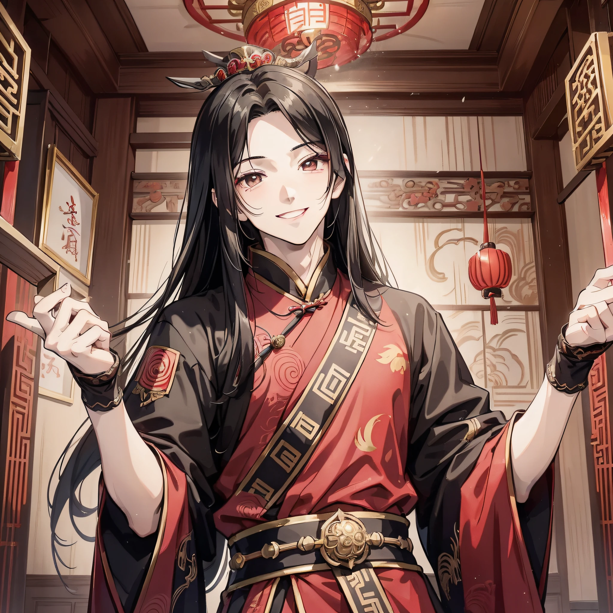 Ancient Chinese black long hair and about 18 years old anime young man wearing red wedding banquet Han costume, (happy expression 1.5) (open mouth laugh 1.2) (background is ancient Chinese room 1.5) anime style 4 K, anime rendering, anime style. 8k, handsome anime face, handsome costume boy (upper body display 1.5) (handsome boy 1.3) (movie light 1.5) vicissitudes 1.5