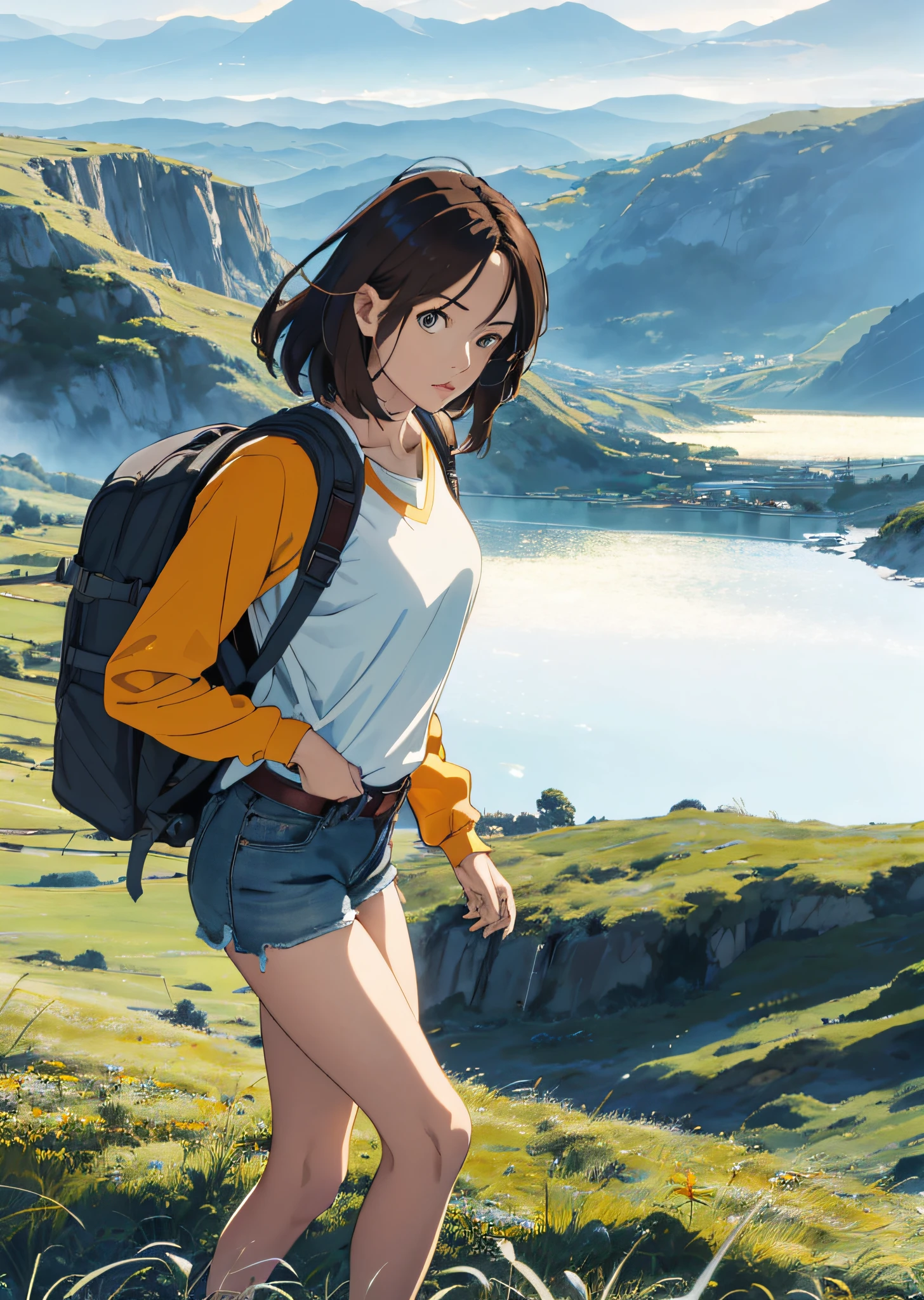 (beautiful and magnificent skyline, majestic sky), (extremely tense and dramatic pictures, moving visual effects), (high hanging Polaris, colorful natural light), (1girl), (long-sleeved top, denim shorts, carrying a backpack), (dynamic pose:1.3, black eyes, black hime-cut hair, sparkling girl)[:0.8], (large grassland), (oncoming breeze), (brown hair and background Coordination effect: 1.2), (close shot, long shot mix and match)[::0.9]