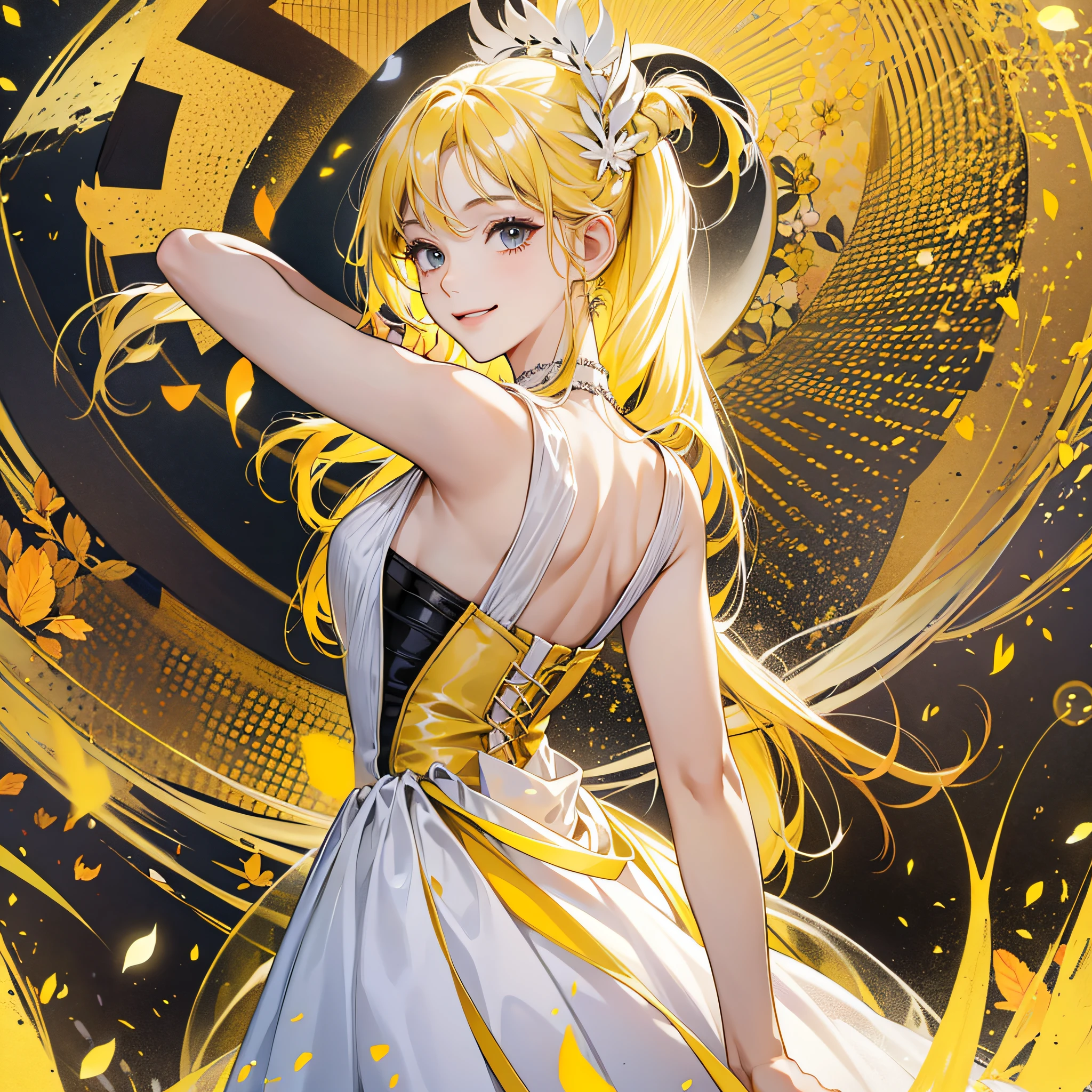 Yellow hair, black eyes, girly, long hair, long yellow and white dress, hands behind her back, smile, looking straight ahead --auto --s2