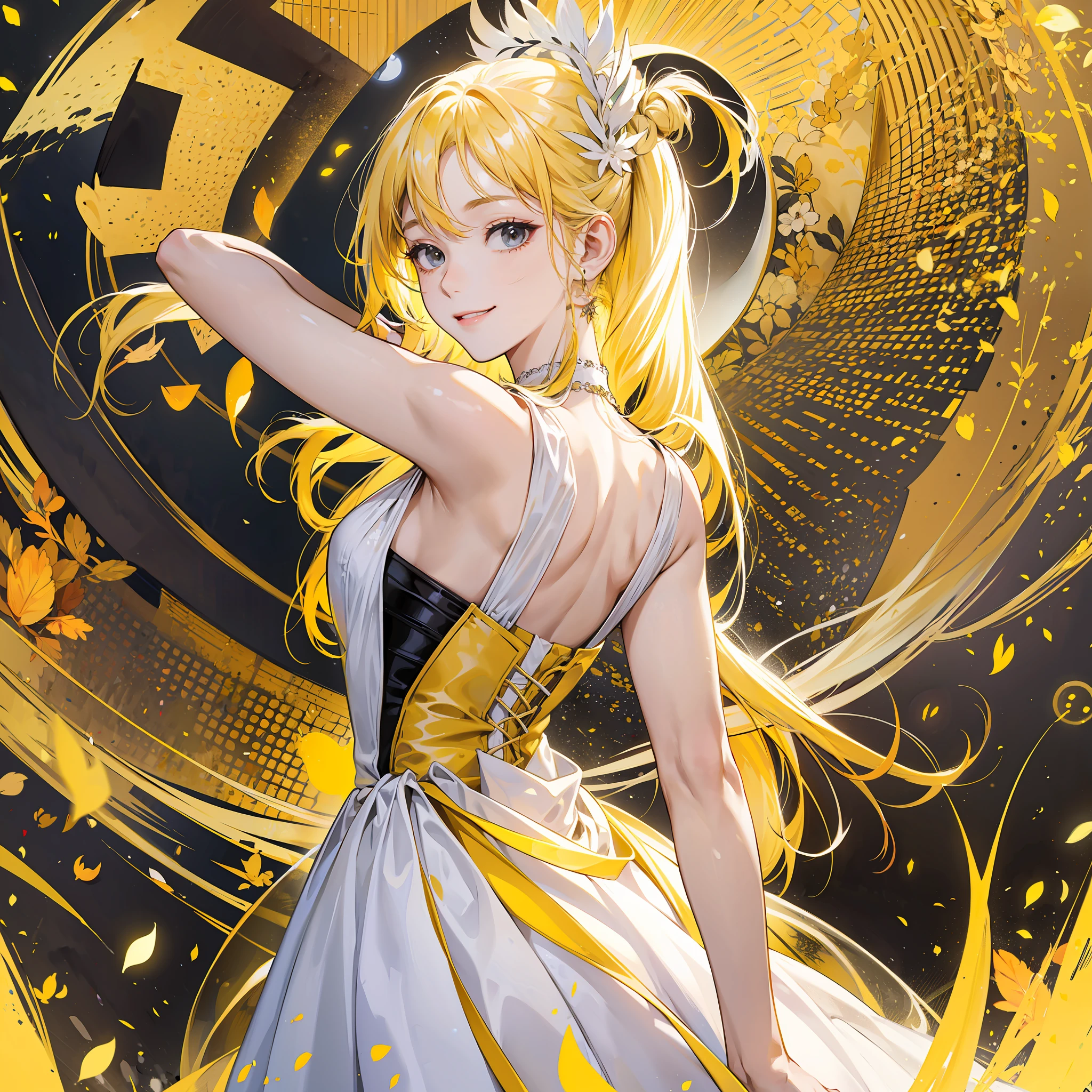 Yellow hair, black eyes, girly, long hair, long yellow and white dress, hands behind her back, smile, looking straight ahead --auto --s2