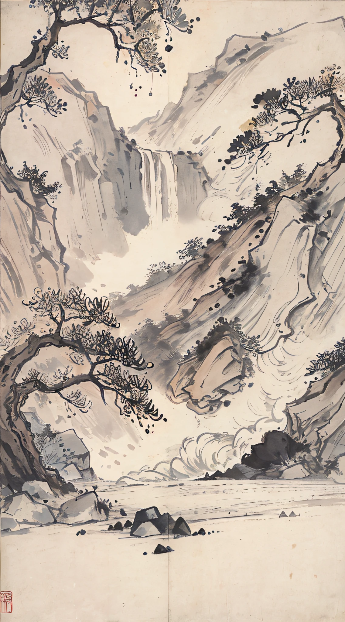 (Masterpiece, best quality: 1.2), traditional Chinese ink painting, large waterfall between mountains, rough waves, Yellow River, grandeur