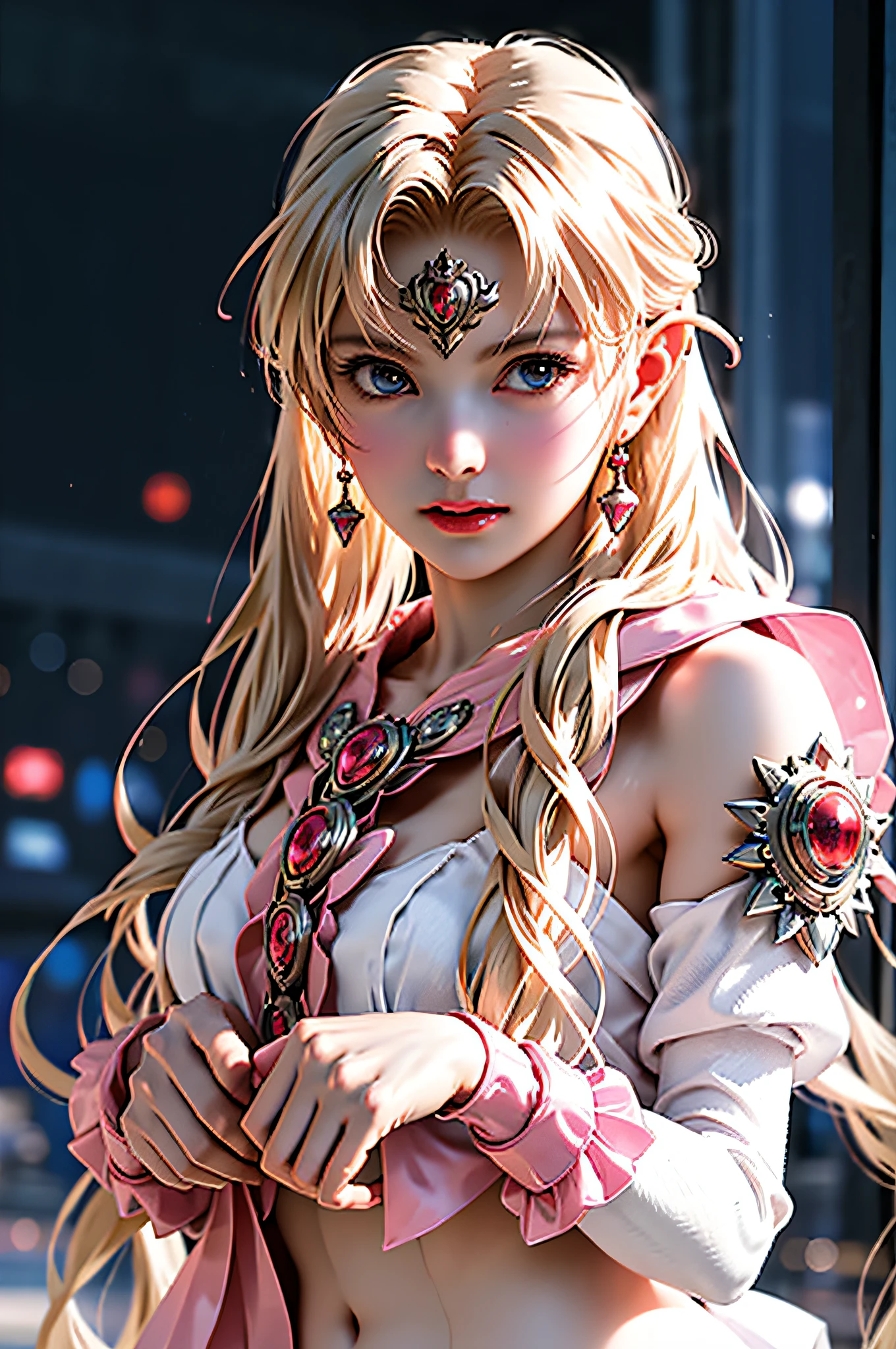 Ultra-detailed complex 3D rendering of the face, (Colossal: 7.8), (Skindent: 2.5), (Masterpiece, Top Quality, Octane Rendering, 8K), Glamour Shot Full Body Image, Very Beautiful Young Elf, Cleavage, Swimsuit, Single, Micro Bikini, Long Braided Blonde Hair, Big Breasts, Black and White Complex Super Armor, Ultra-realistic photos ((((Portrait))), Wearing an intricate pink cape, bare feet, futuristic city background, facial muscles, in the style of Marvel Comics, ArtStation Trends, Clear Focus, Studio Photography, Intricate Detail, Very Detailed, Detailed Luminous Red Eyes, Illustration, Very Detailed, Sharp Focus, Digital Rendering, Professional, Abs