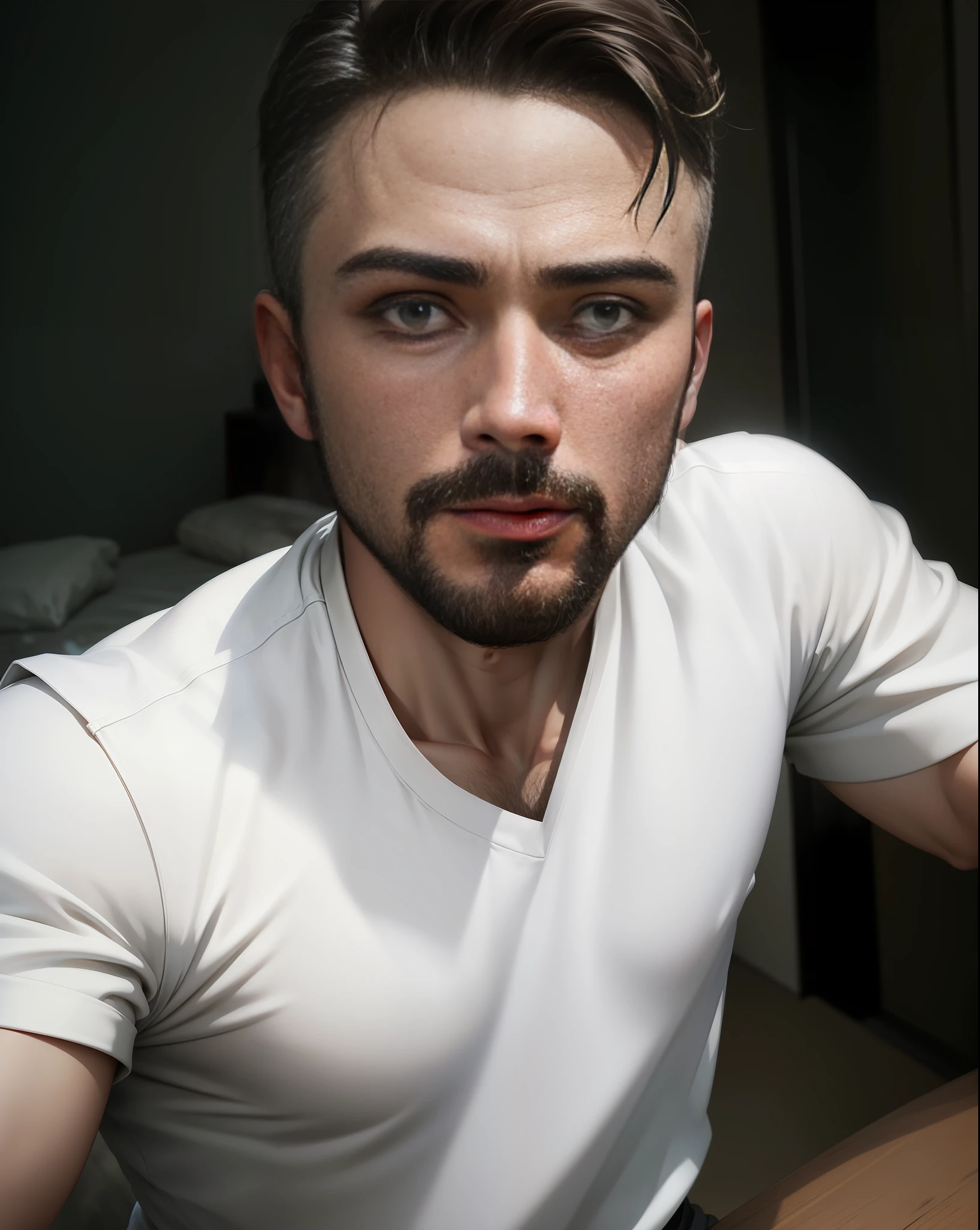 best quality, masterpiece, ultra high res, portrait, 4k, ultra hd, ultra realistic, ultra detailed, photorealism, (photorealistic: 1.4), raw photo, handsome manly man, john scene, wearing white tunic, night, moonlight, natural, white tunic, short hair, short hair, military hair, beard, full beard, detailed face textures, ultra detailed eyes,