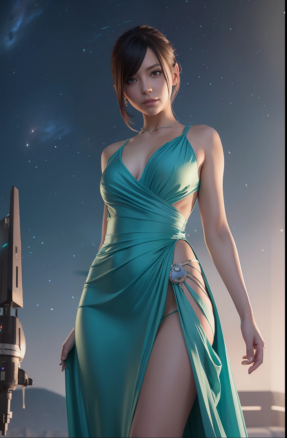 beautiful lady in party dress, character portrait, sharp, digital matte painting, by makoto shinkai, syd meade, starwars, space art concept, sci - fi, digital art, unreal engine, wlop, trending on artstation, 4 k uhd image, octane render
