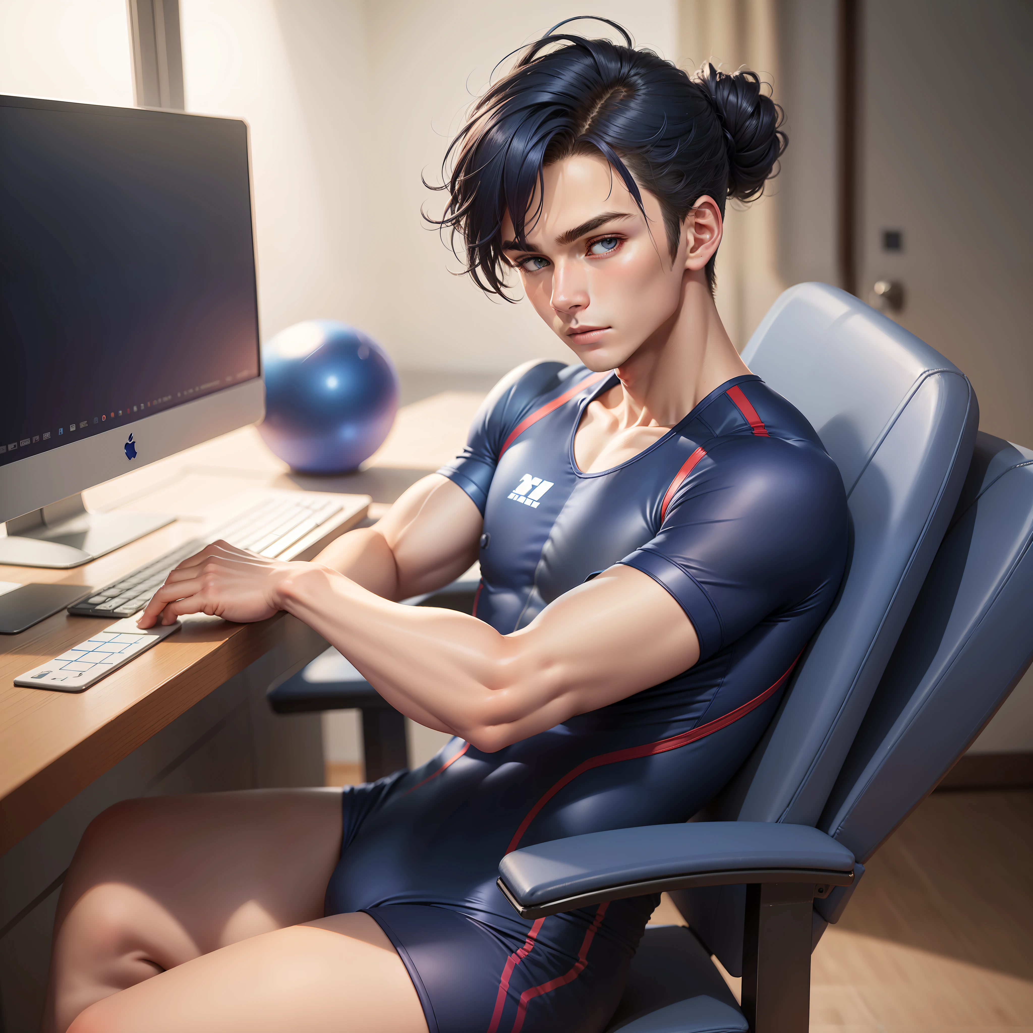 (summer gymnastics suit + navy blue + young men), (round hairstyle: 1.1), (energetic and youthful), (leaning back in the chair), (game enthusiast rating: 1.2), staring intently at the computer.