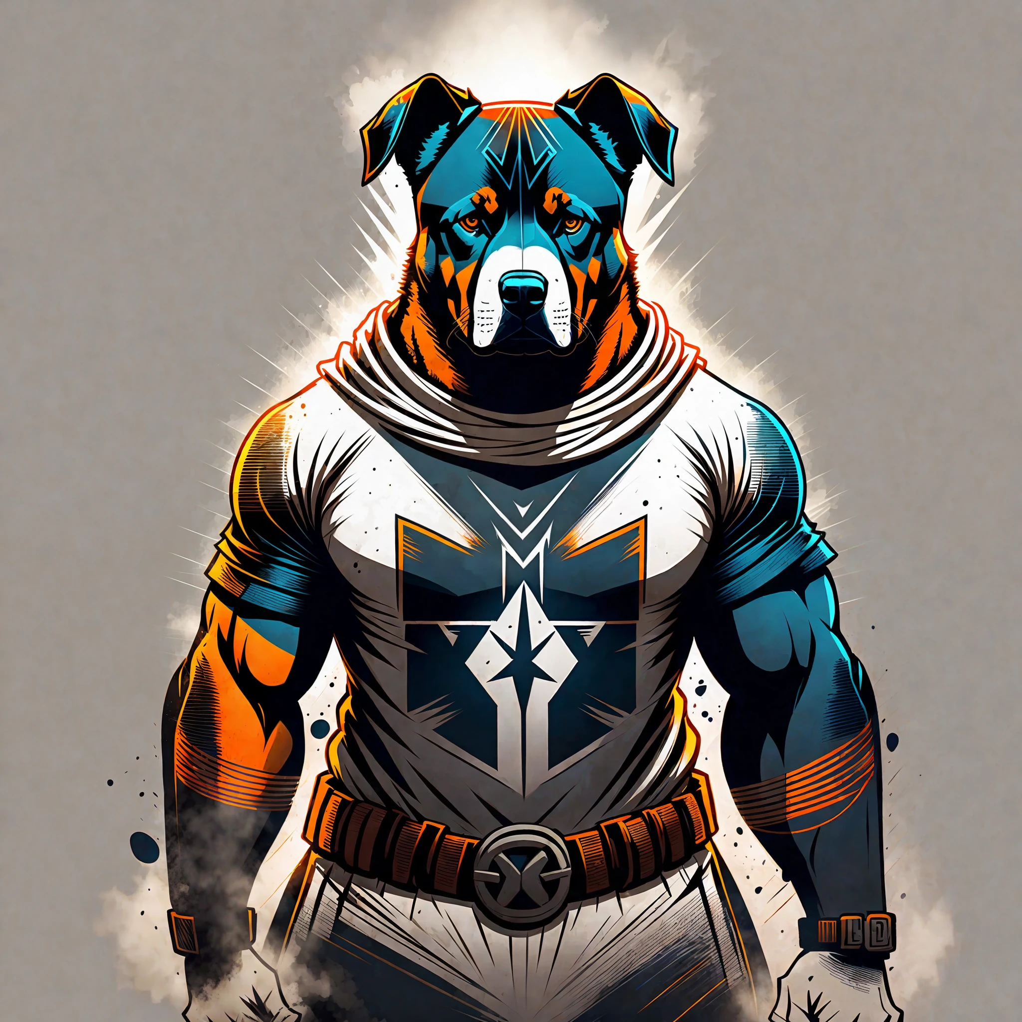 A loyal and protective Rottweiler standing guard, portrayed in a bold and powerful style, radiating strength and determination, with a serious and vigilant mood, highlighted by strong and dramatic lighting T-shirt design graphic, vector, contour, white background --auto --s2