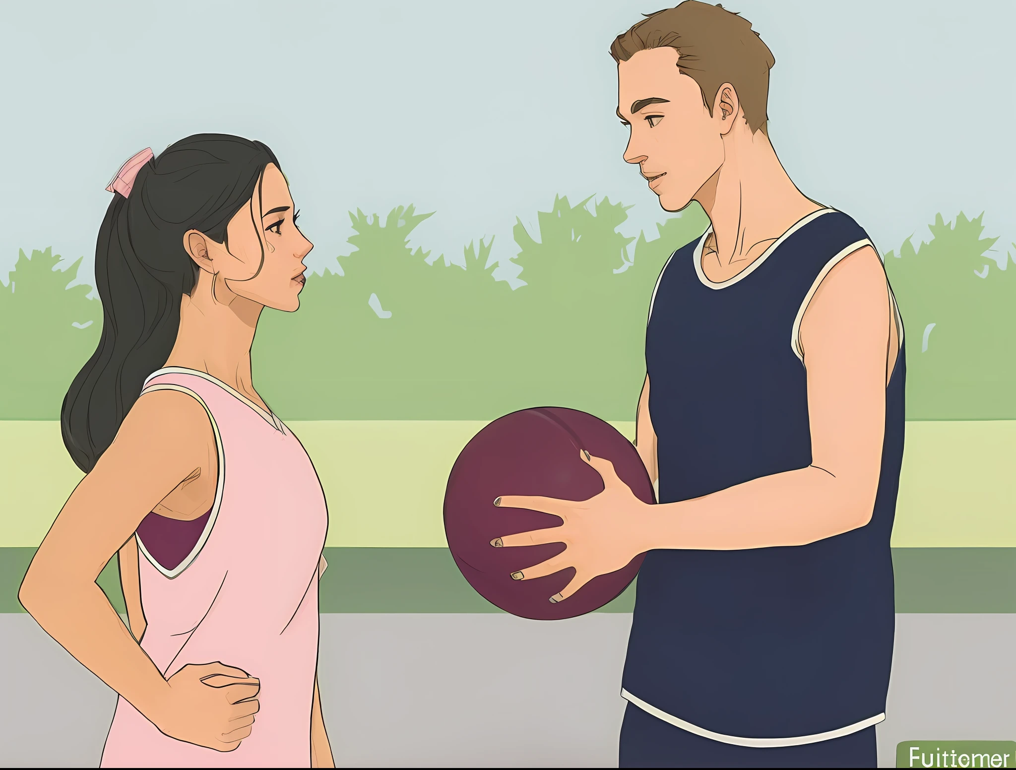 a man holding a basketball next to a woman in a pink shirt, rotoscope, playing basketball, holding a ball, rotoscoping, really realistic, realistic movie still, from then on a basketball, looking at each other without thinking, perfect scene, very realistic, basketball, high quality fanart, fan art, court sketch art --auto --s2
