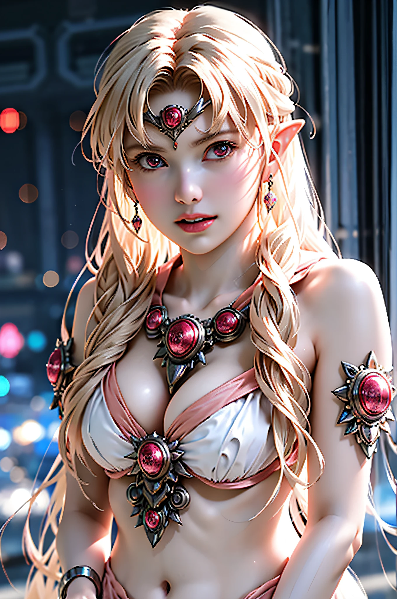 Ultra-detailed complex 3D rendering of the face, (Colossal: 7.8), (Skindent: 2.5), (Masterpiece, Top Quality, Octane Rendering, 8K), Glamour Shot Full Body Image, Very Beautiful Young Elf, Cleavage, Swimsuit, Single, , Long Braided Blonde Hair, Big Breasts, Black and White Complex Super Armor, Ultra-realistic photos ((((Portrait))), Wearing an intricate pink cape,  feet, futuristic city background,  muscles, in the style of Marvel Comics, ArtStation Trends, Clear Focus, Studio Photography, Intricate Detail, Very Detailed, Detailed Luminous Red Eyes, Illustration, Very Detailed, Sharp Focus, Digital Rendering, Professional, Abs