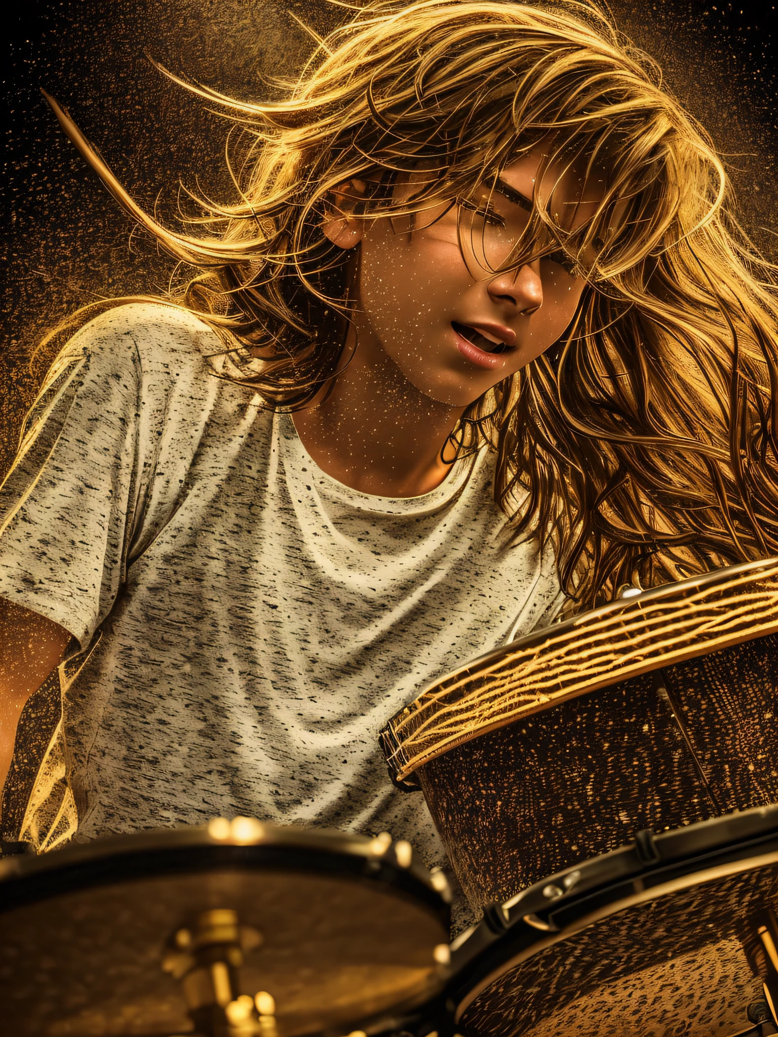 a young drummer full of energy, playing acoustic drums on the illuminated stage, long messy hair, skin texture, skin, details, light on stage, sharp focus, cinematic, crystal clear, intricate details Wide vision, realistic lighting, RAW photo, (high detail skin:1.2), 8k uhd, dslr, soft lighting, high quality, film grain, Arri Alexa, (vintage style) with shaded edges texture for t-shirt print --auto --s2