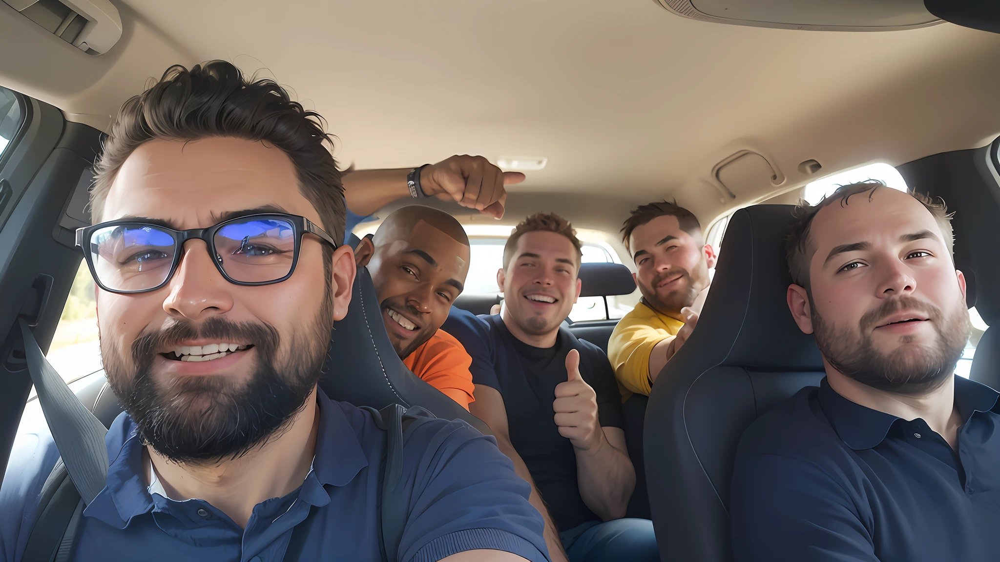 there are four men in a car with thumbs up, carpool karaoke, back to us, taken on go pro hero8, road trip exciting, captured on iphone, shot on gopro9, pov photo, shot on iphone 1 3 pro, taken on iphone 14 pro, road trip, selfie photo, shot on iphone 1 3 pro max, last photo