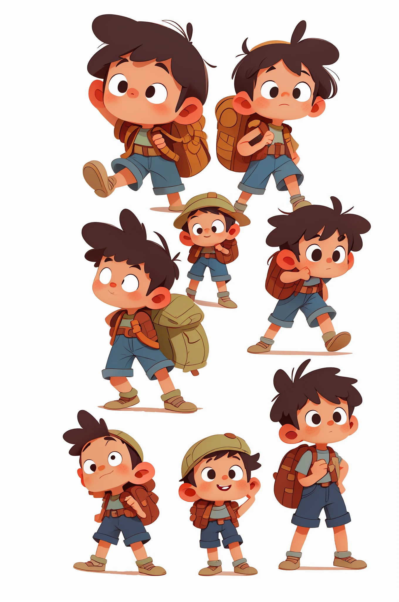 The little adventurer, various poses and expressions on white background, children's book illustration style, simple, cute, 6 years old, colors, short black hair, plain color, blue short-sleeved shirt, denim shorts without belt, without hat, without book, no glasses, no backpack.