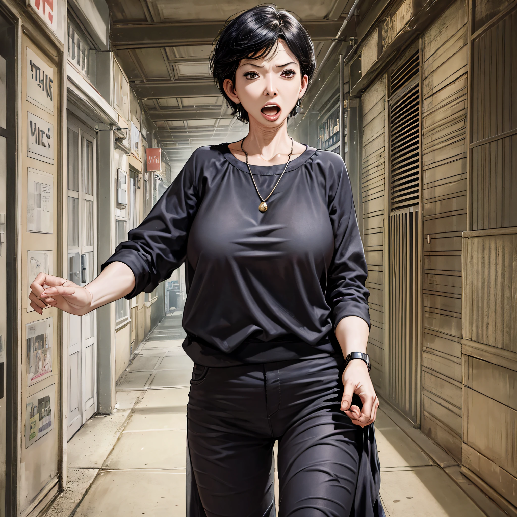 1 middle-aged woman, black clothes, shabby, short hair, angry, open mouth, pointing --auto --s2