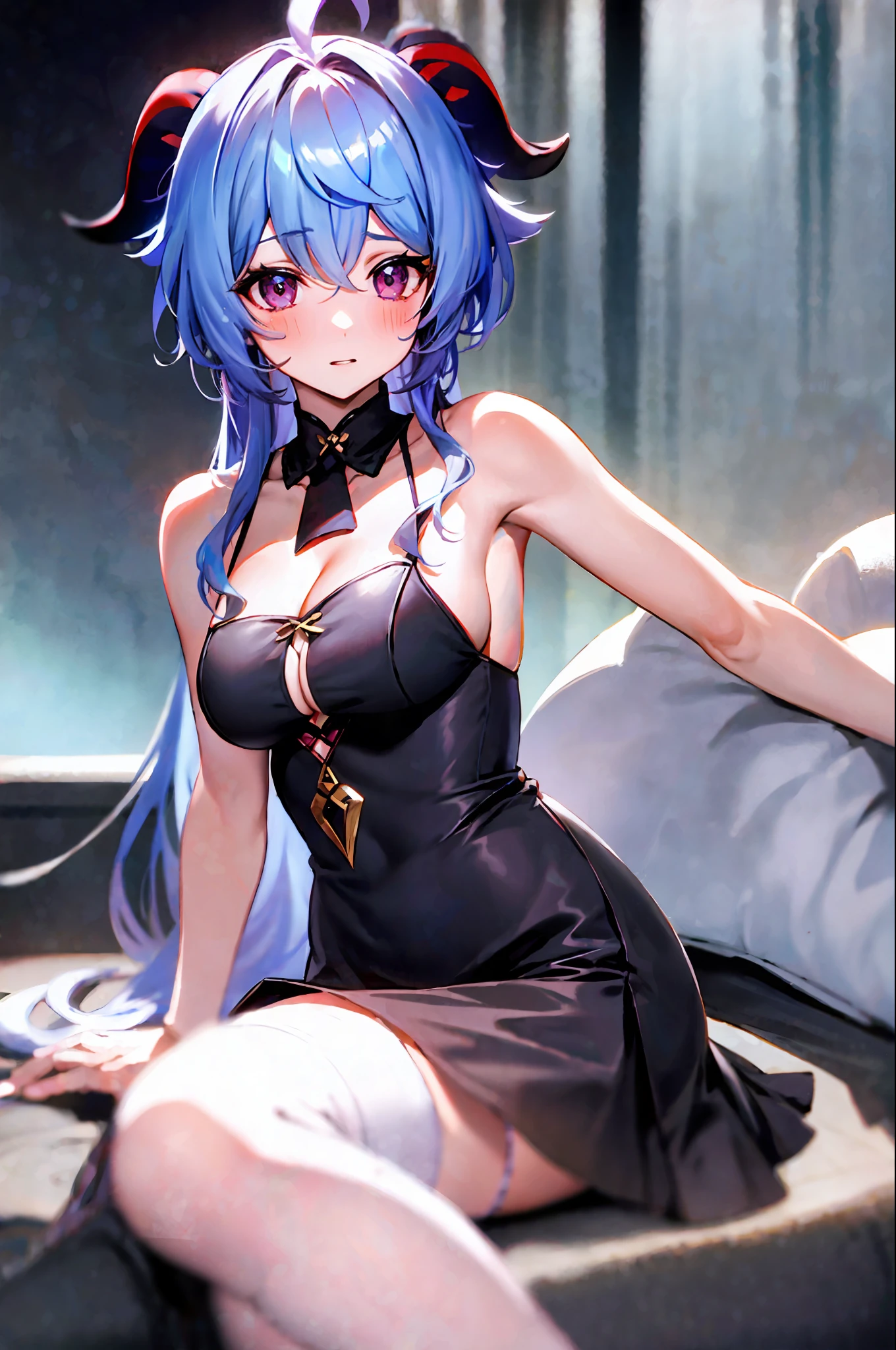 masterpiece, best quality, 1girl, solo, long hair, breasts, looking at viewer, blush, bangs, thighhighs, dress, cleavage, hair between eyes, bare shoulders, medium breasts, sitting, very long hair, blue hair, purple eyes, ahoge, thighs, parted lips, horns, sleeveless, alternate costume, armpits, white dress, arm up, white thighhighs, bare arms, clothing cutout, arm support, cleavage cutout, black background, goat horns, ganyu (genshin impact), Ganyu,