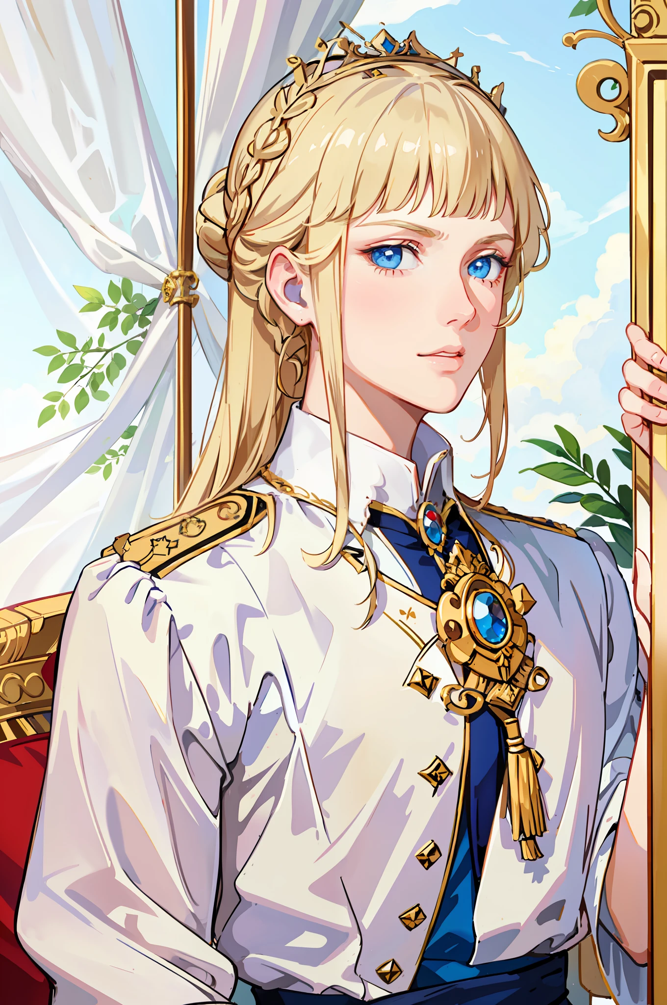 Portrait of young empress, beautiful, napoleon, caesar, villain, blue eyes, long blonde hair, emperor's mantle, empire