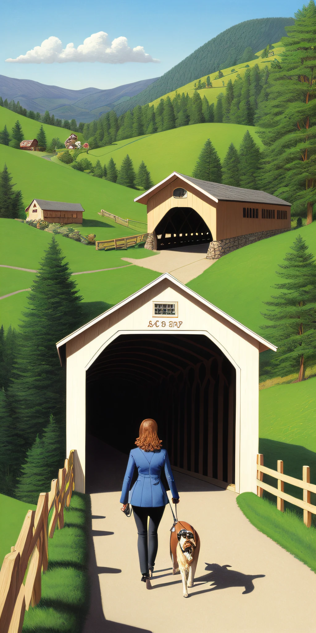 extremely detailed cartoon of woman walking her dog through covered bridge with hills in background by artist john sloane