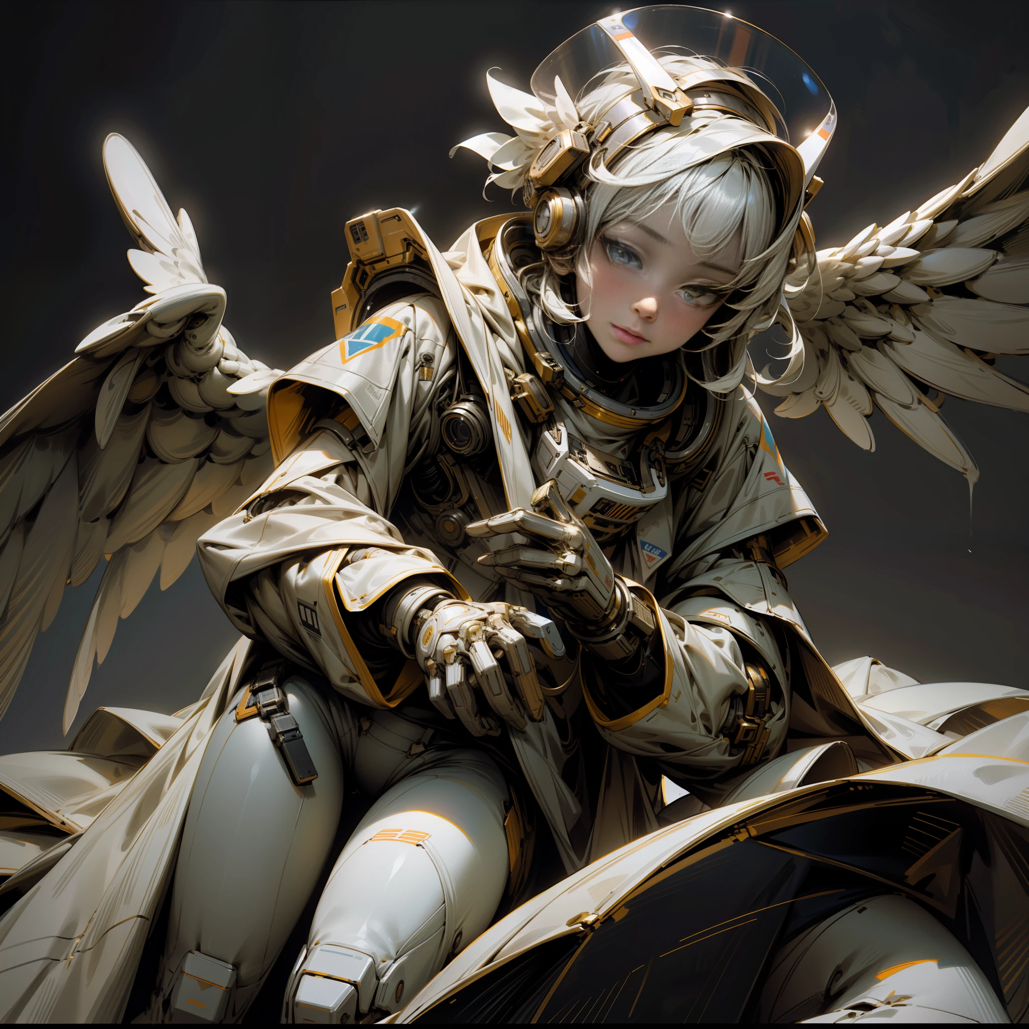 Astronaut in outer space, behind angel wings, spacesuit, white big angel wings, the person can be seen completely, the face is not visible wearing a helmet (masterpiece, best quality, super detailed, best shadow), (detailed background, dark fantasy), (beautiful detailed face), high contrast, (best lighting, very gentle and beautiful), ((cinematic light)), colorful, hyper-detailed, dramatic light, complex details,