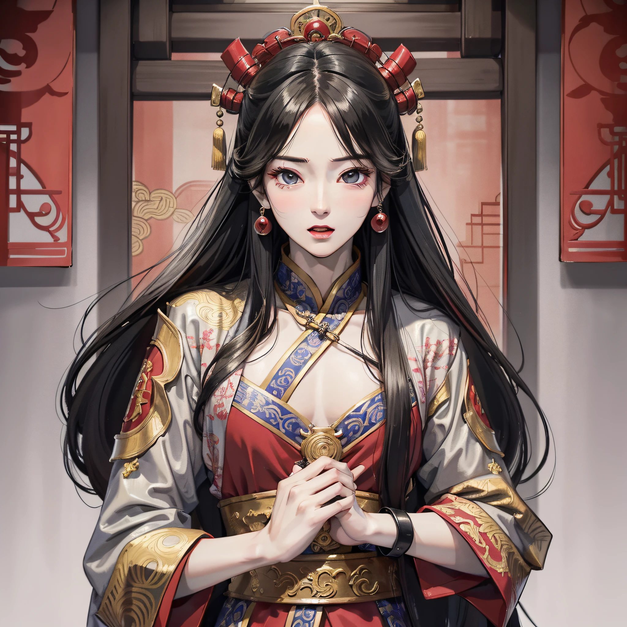 Anime young man with long black hair in ancient China and about 18 years old wearing red wedding banquet Hanfu, (serious expression 1.5) (open mouth 1.2) (background is an ancient Chinese room 1.5) anime style 4 K, anime rendering, art in Guvez style, anime style. 8k, Guvitz, handsome anime face, handsome costume boy (pure big eyes 1.5) (upper body display 1.5) (handsome boy 1.3) (cinematic light 1.5)