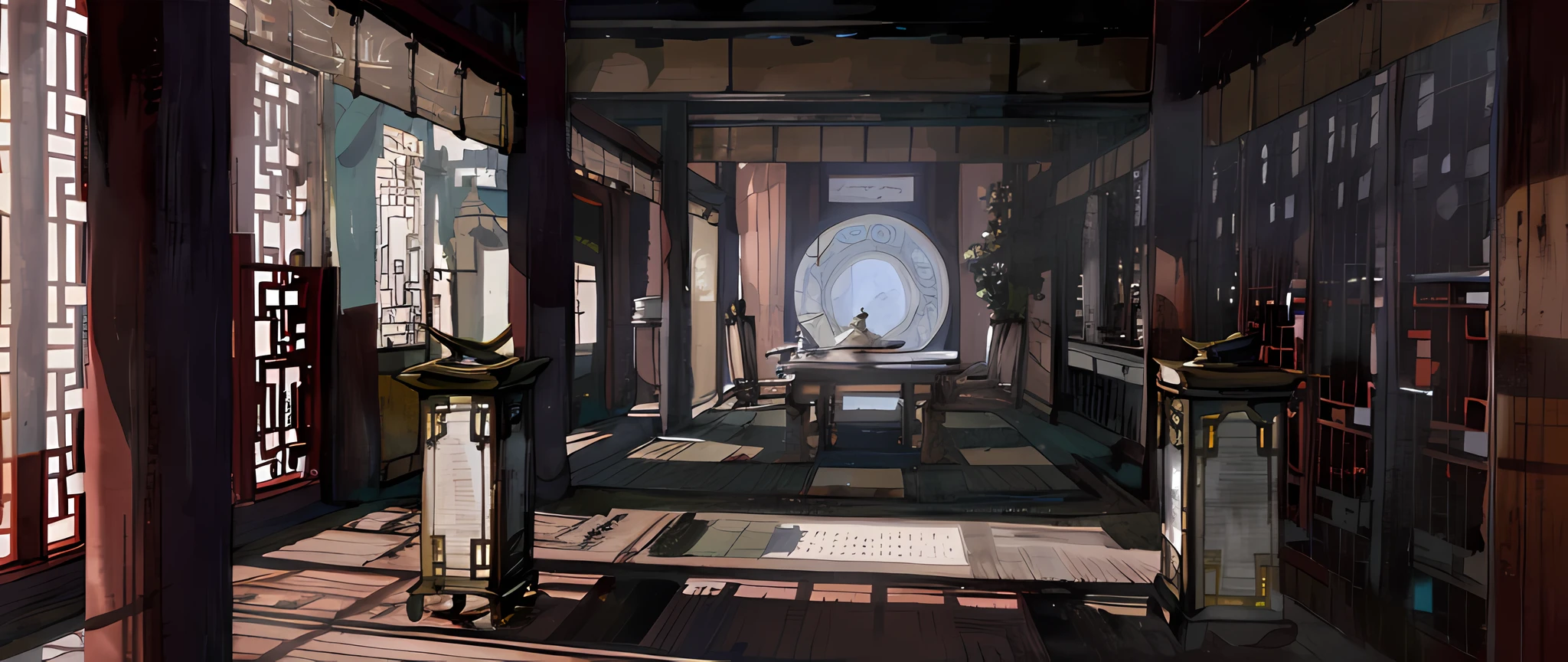 there is a room with a table and benches in it, cyberpunk chinese ancient castle, beautiful render of tang dynasty, cyberpunk japanese temple, relaxing concept art, inspired by Dong Yuan, library of ruina concept art, room of the nameless painter, inspired by Zhang Sengyao, inspired by Tang Yin, detailed cinematic render, highly realistic concept art