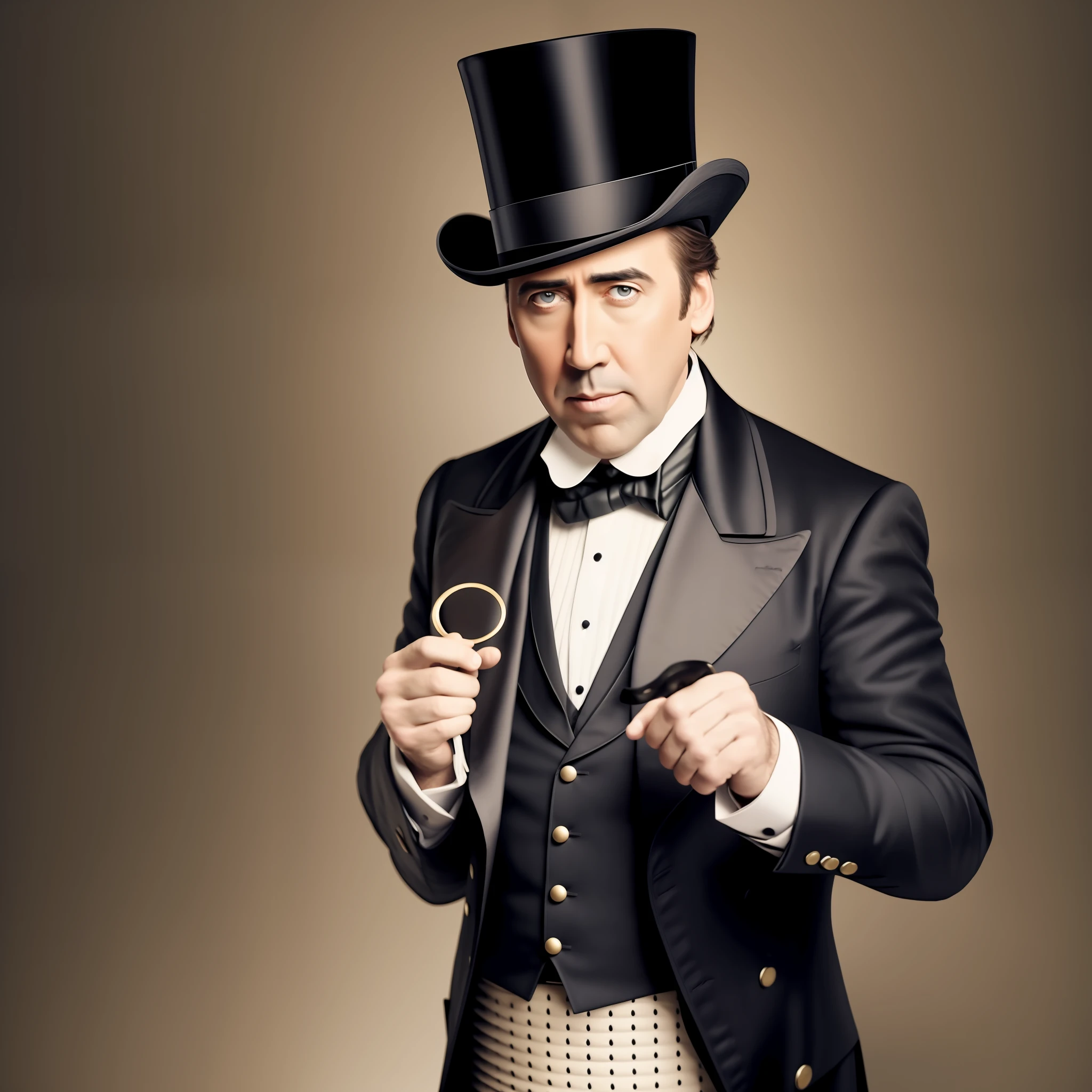 Nicholas Cage with an expression of uncertainty, wearing a top hat and a monocle, doubt, 8k, photorealistic, The shot is focused from the waist up, with no one else in the frame.