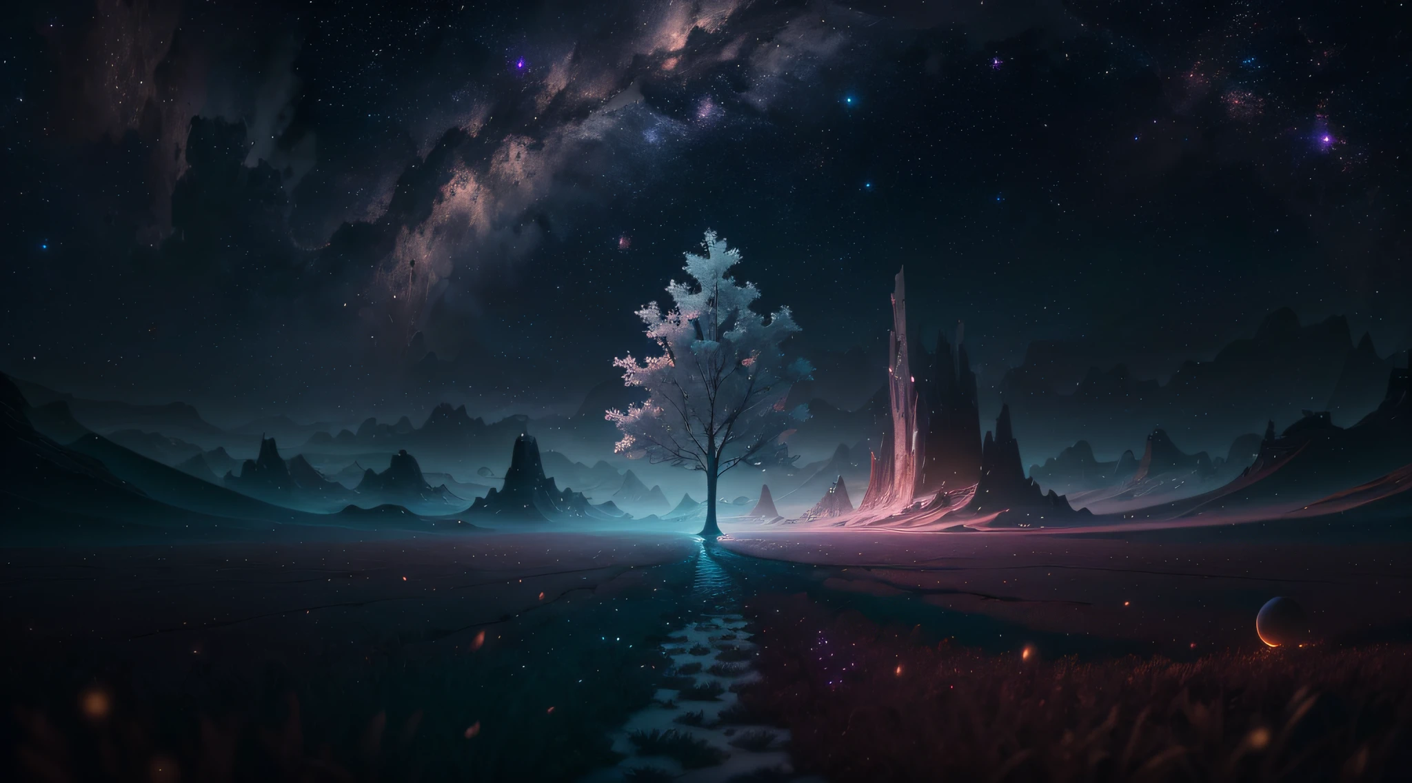 alone in a magical world (extremely detailed CG unity 8k wallpaper,masterpiece, best quality, ultra-detailed),(best illumination, best shadow, an extremely delicate and beautiful),standing alone in an otherworldly landscape,floating,soft light,texture+brush,wide shot,high resolution,nighttime scene, somber and mysterious tone. --auto --s2