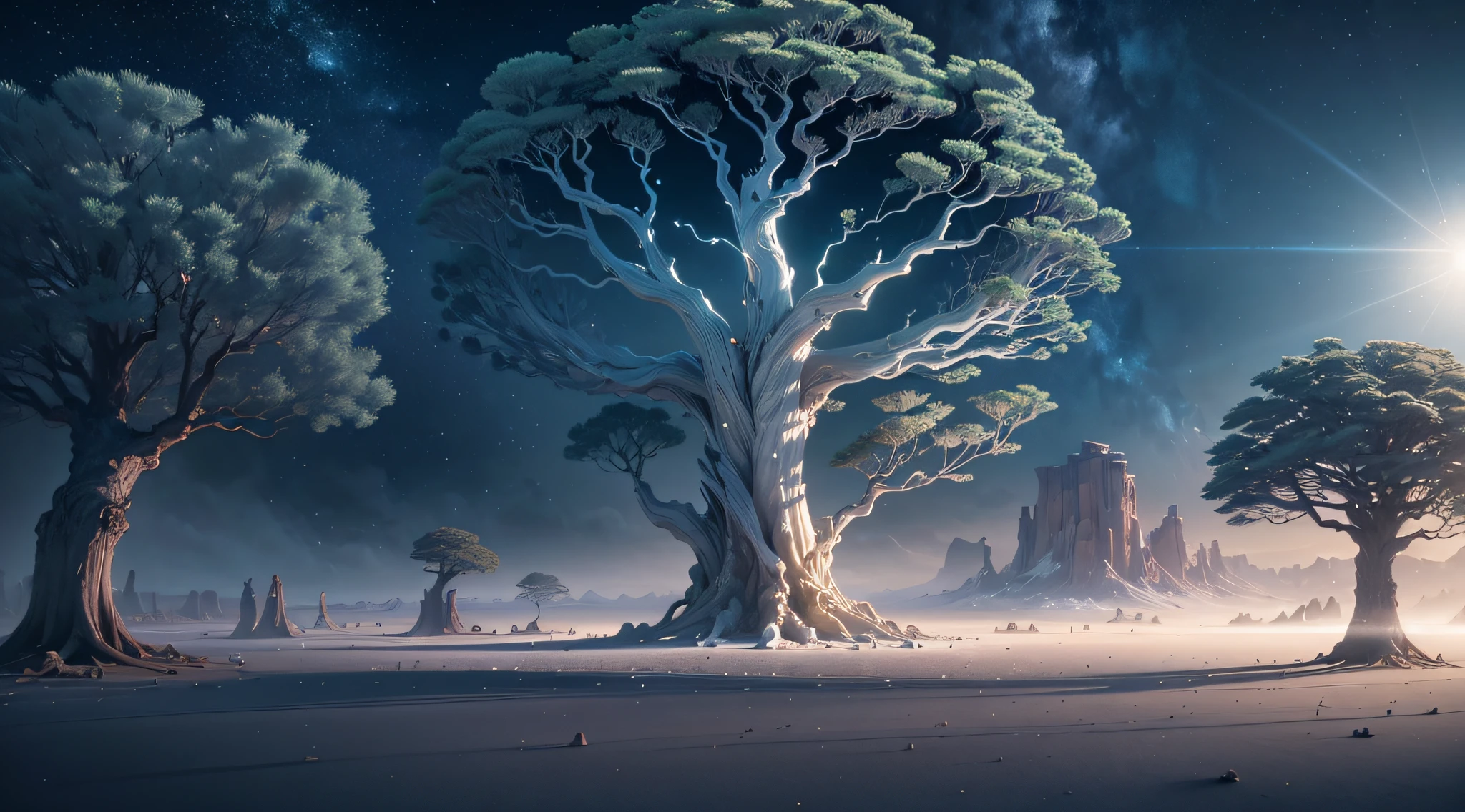 giant tree (extremely detailed CG unity 8k wallpaper,masterpiece, best quality, ultra-detailed),(best illumination, best shadow, an extremely delicate and beautiful),standing alone in an otherworldly landscape,floating,soft light,texture+brush,wide shot,high resolution,nighttime scene, somber and mysterious tone. --auto --s2