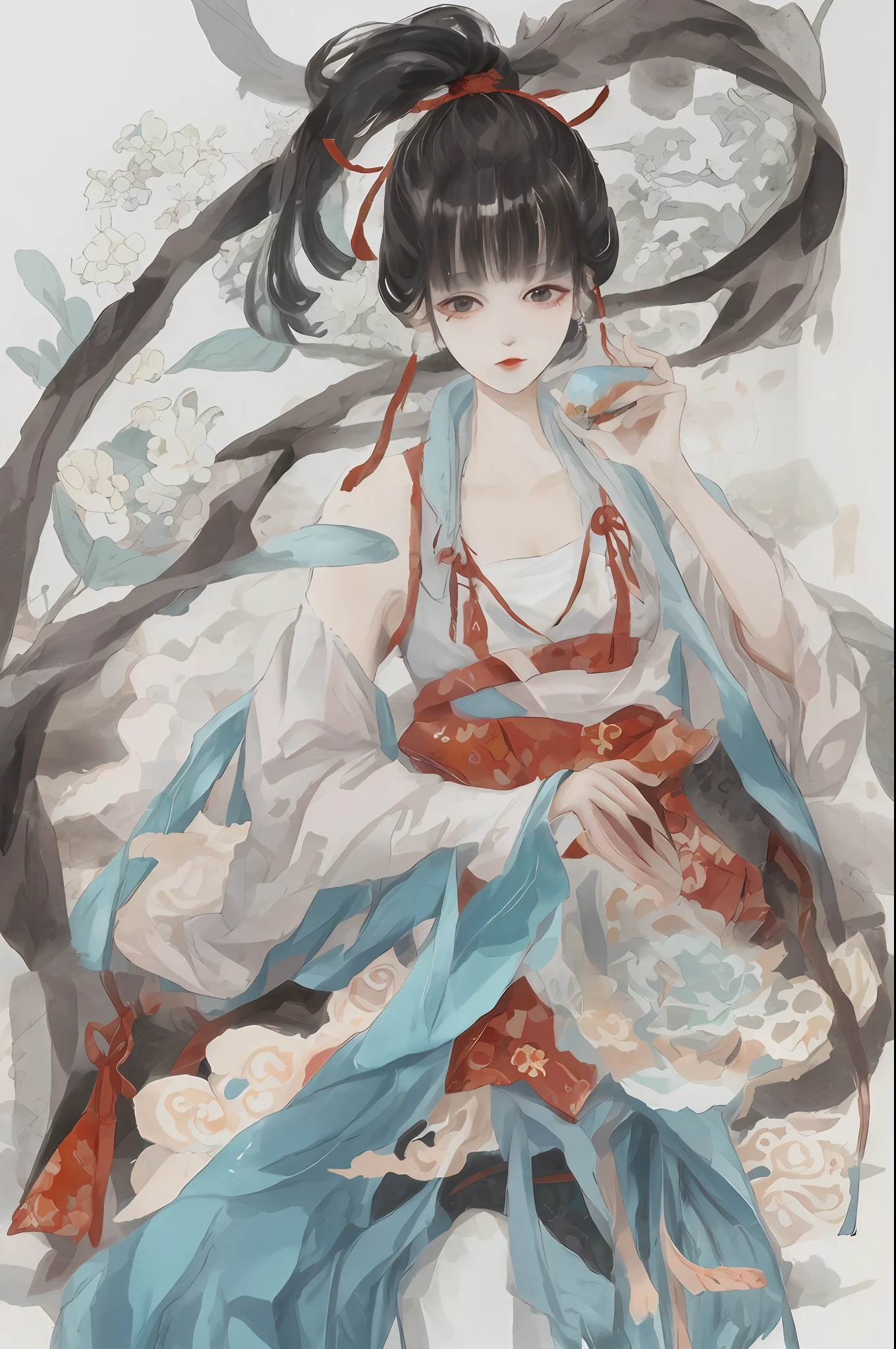 Sitting on a stone, wearing ancient Ryukyuan clothes, flowing tulle, light silk, lazy posture, large lotus leaf, lotus, ink painting style, pretty color, definitive cut, blank, freehand, masterpiece, super detailed, magnificent composition, high quality, highest quality, 4k --v 6