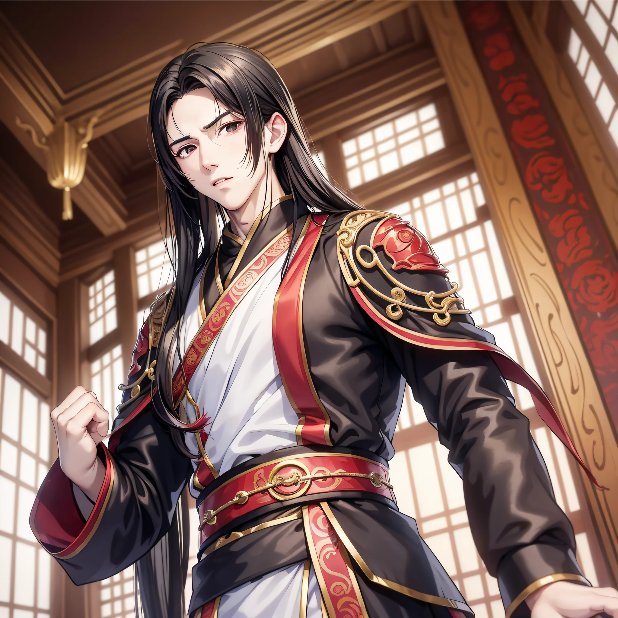 Anime young man around 18 years old with long black hair and red wedding banquet Han costume in ancient China, (serious expression 1.5) (open mouth 1.2) (background is ancient Chinese room 1.5) anime style 4 K, anime rendering, anime style. 8k, handsome anime face, handsome costume boy (upper body display 1.5) (handsome boy 1.3) (movie light 1.5) vicissitudes 1.5