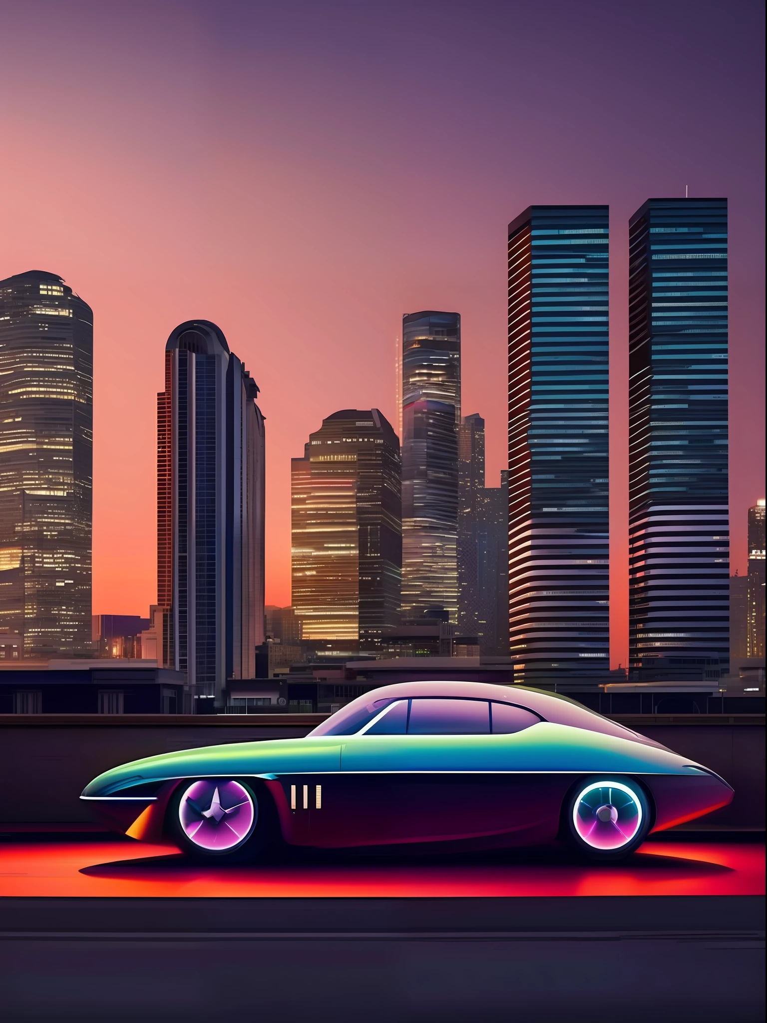 Futuristic car parked with a city in the background, car in the center of the photo, retro neon, retrowave art, sunset