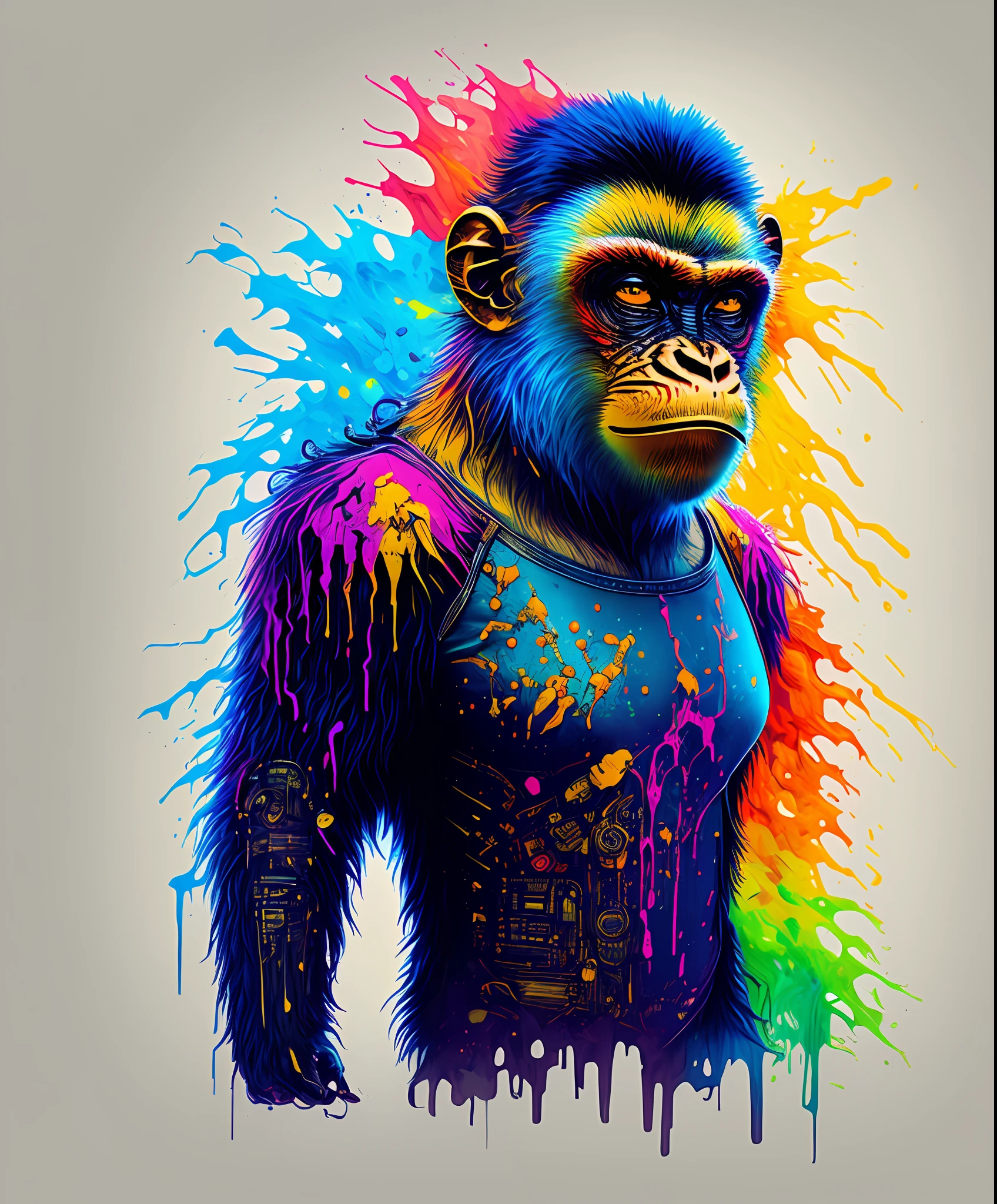 (a portrait of Cyberpunk Monkey with colored fluid), T-shirt logo in tapered thin outline style, spell view, artwork in (empty background:1.4)