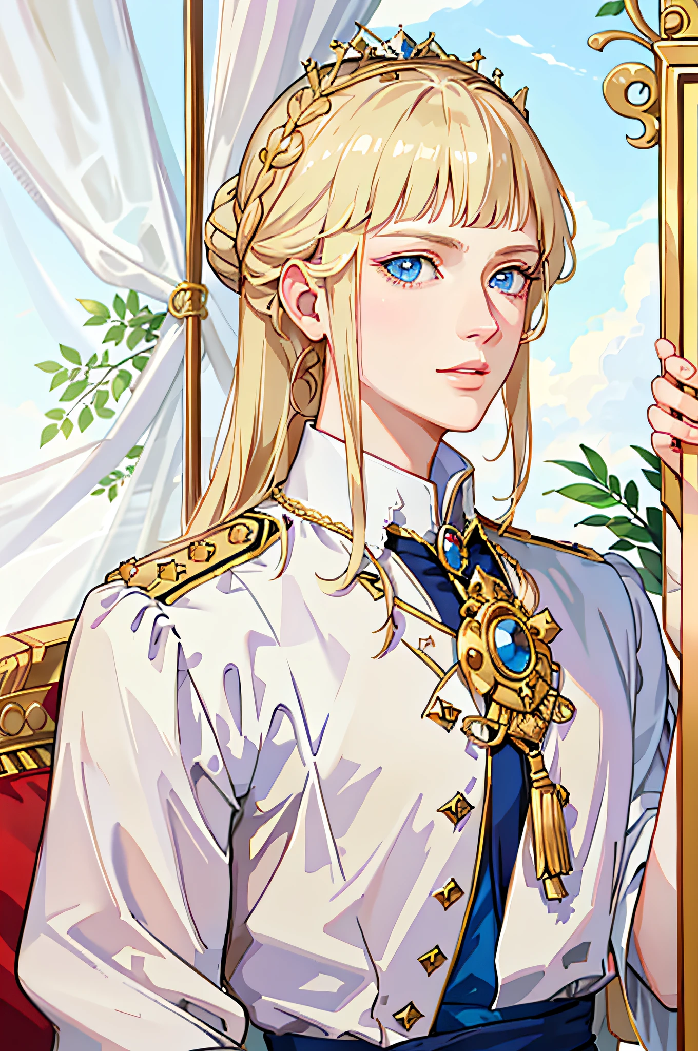 Portrait of young empress, beautiful, napoleon, caesar, villain, blue eyes, long blonde hair, emperor's mantle, empire
