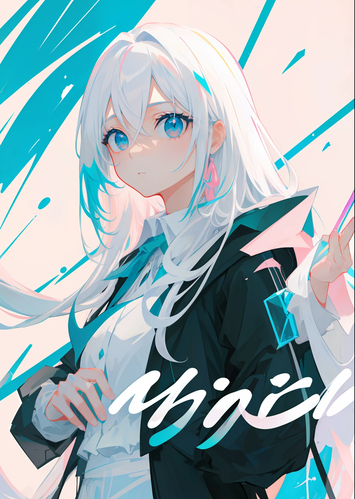 (highest resolution, distinct_image) best quality, feminine masterpiece, high detail, semi-realistic, (most body), long white hair, bangs, 18 years old, young, black fit, black and white pink flight suit, stand up collar shirt, pointed face, (teal eyes, hair between the eyebrows), long coat (broken glass), (pure white background), cold, serious, authoritative, powerful, (standing painting), (delicate facial features, delicate facial features), white hair, gray background, blue eyes, character design sheet, anime fantasy characters, illustration on pixiv, colorful, beautiful, full body and face close-up,