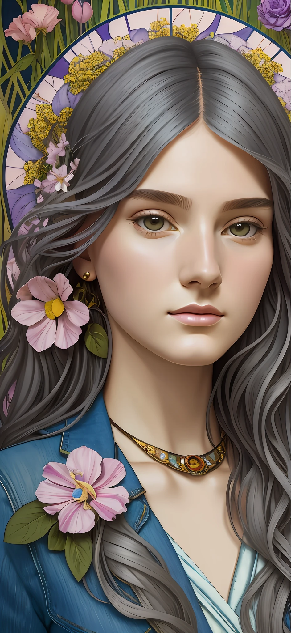 Surrealist female portraits by David Hockney and Alphonse Mucha, fantasy art, photorealism, dynamic lighting, artstation, poster, volumetric lighting, very detailed faces, 4k, award-winning, 1girl, sunny, in the middle of flowers, understated, denim photos, (formal wear: 1.4), long hair, gray hair, --auto --s2