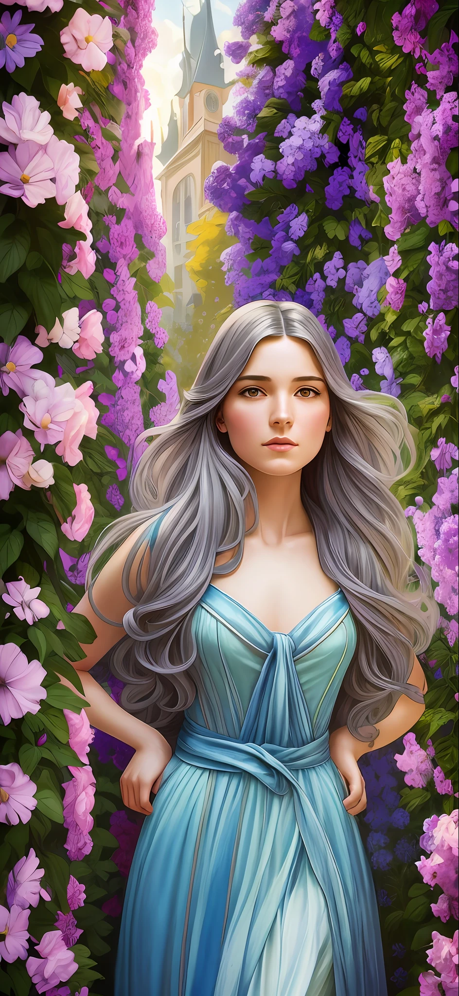 Surrealist female portraits by David Hockney and Alphonse Mucha, fantasy art, photorealism, dynamic lighting, artstation, poster, volumetric lighting, very detailed faces, 4k, award-winning, 1girl, sunny, in the middle of flowers, understated, denim photos, (formal wear: 1.4), long hair, gray hair, --auto --s2