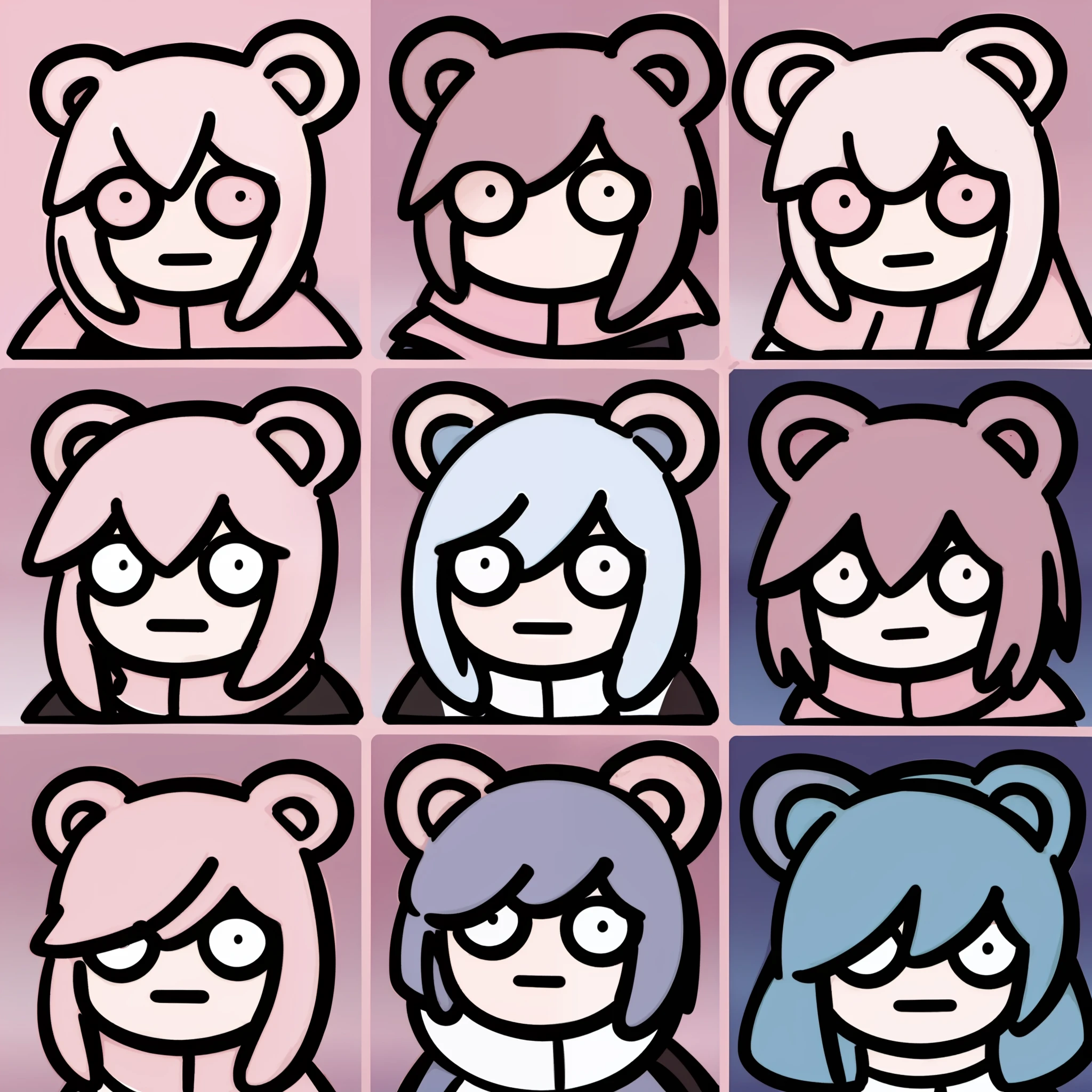 the various expressions of the pink bear withabook multiple poses and expressions, happy, angry cry, expression love, etc, emoji pack,f/64 group，related character，engraving, bold outlines