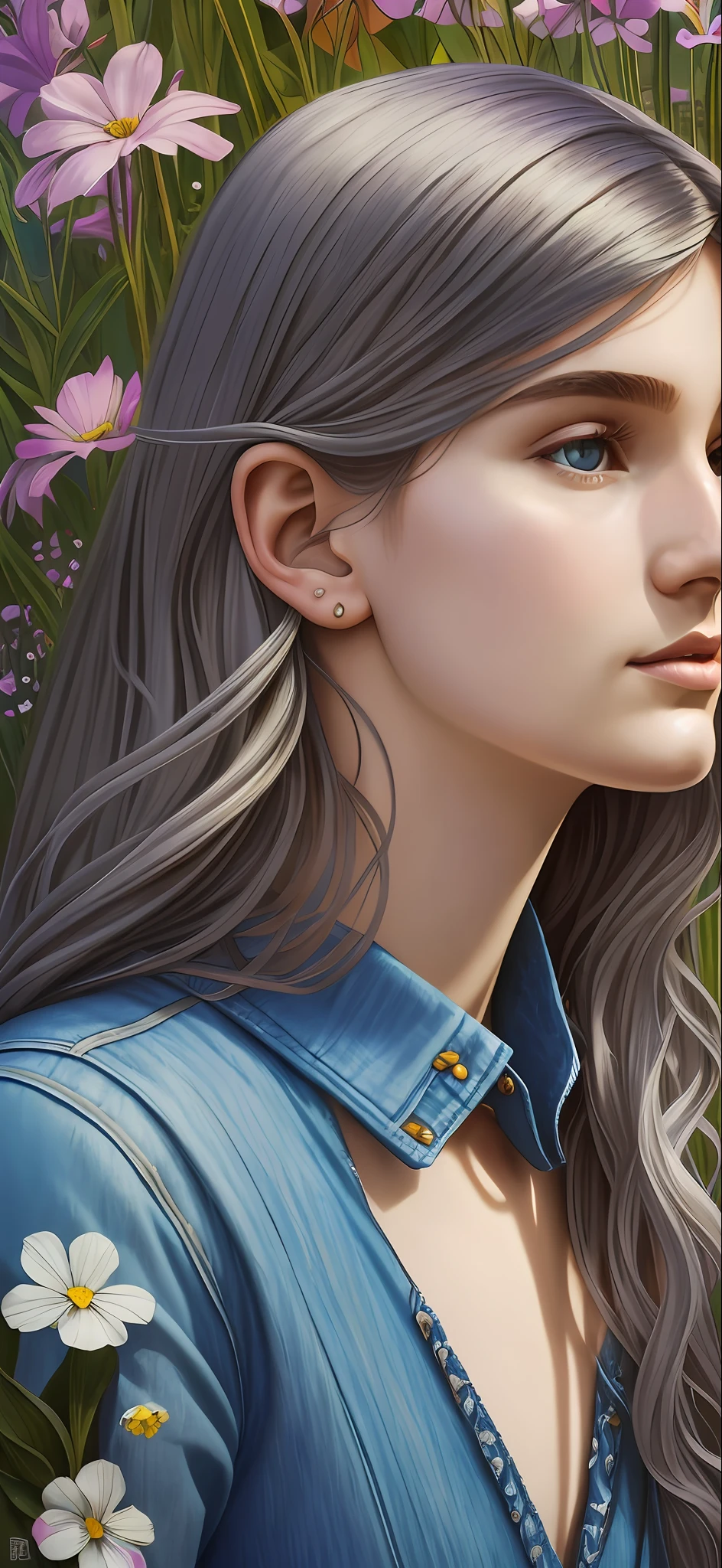 Surrealist female portraits by David Hockney and Alphonse Mucha, fantasy art, photorealism, dynamic lighting, artstation, poster, volumetric lighting, very detailed faces, 4k, award-winning, 1girl, sunny, in the middle of flowers, understated, denim photos, (formal wear: 1.4), long hair, gray hair, --auto --s2