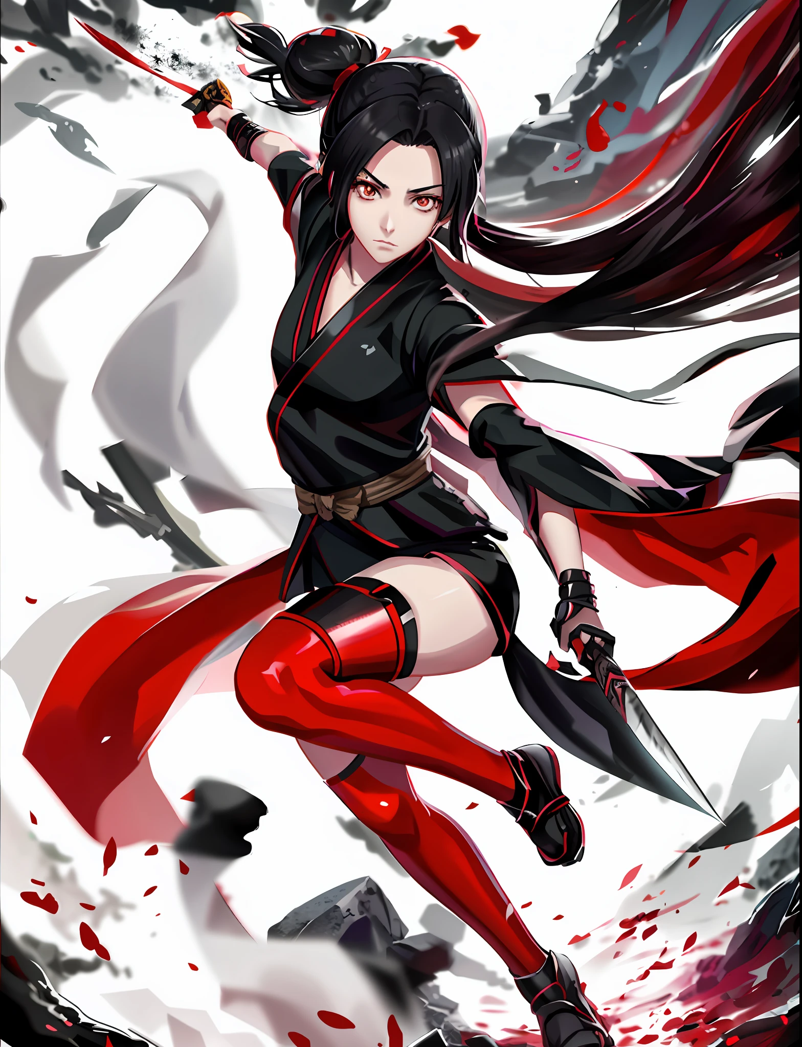 Kunoichi, a beautiful girl with black hair, holding a katana in her right hand and a throwing kunai in her left, with the return blood of a slashed enemy, anime style 4K, female action anime girl, full body takekasumi, badass anime 8 k, beautiful female assassin, kunoichi, style art germ, katana, katana, sword zero video game character, inspired by Ross Draw, full body senxia, Yang J,