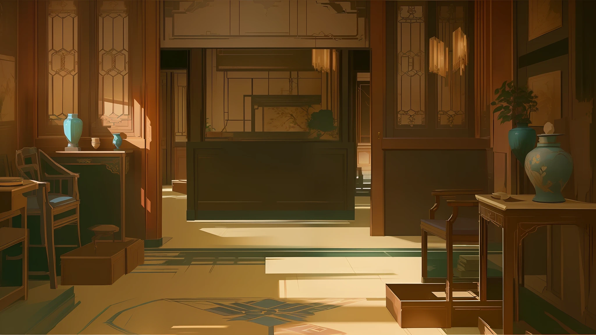 there is a room with a lot of furniture and a table, interior background art, very detailed digital painting, legend of korra setting, relaxing concept art, anime scenery concept art, digital painting concept art, by Ni Yuanlu, painted in anime painter studio, painterly concept art, movie environment design, high detail digital painting, anime background art