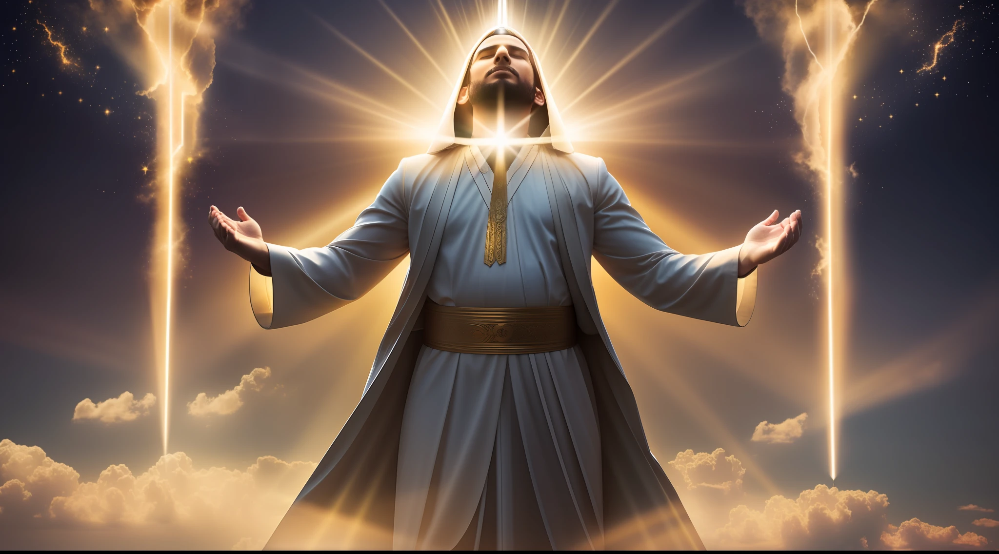image of a person in prayer with a divine light descending from heaven upon him