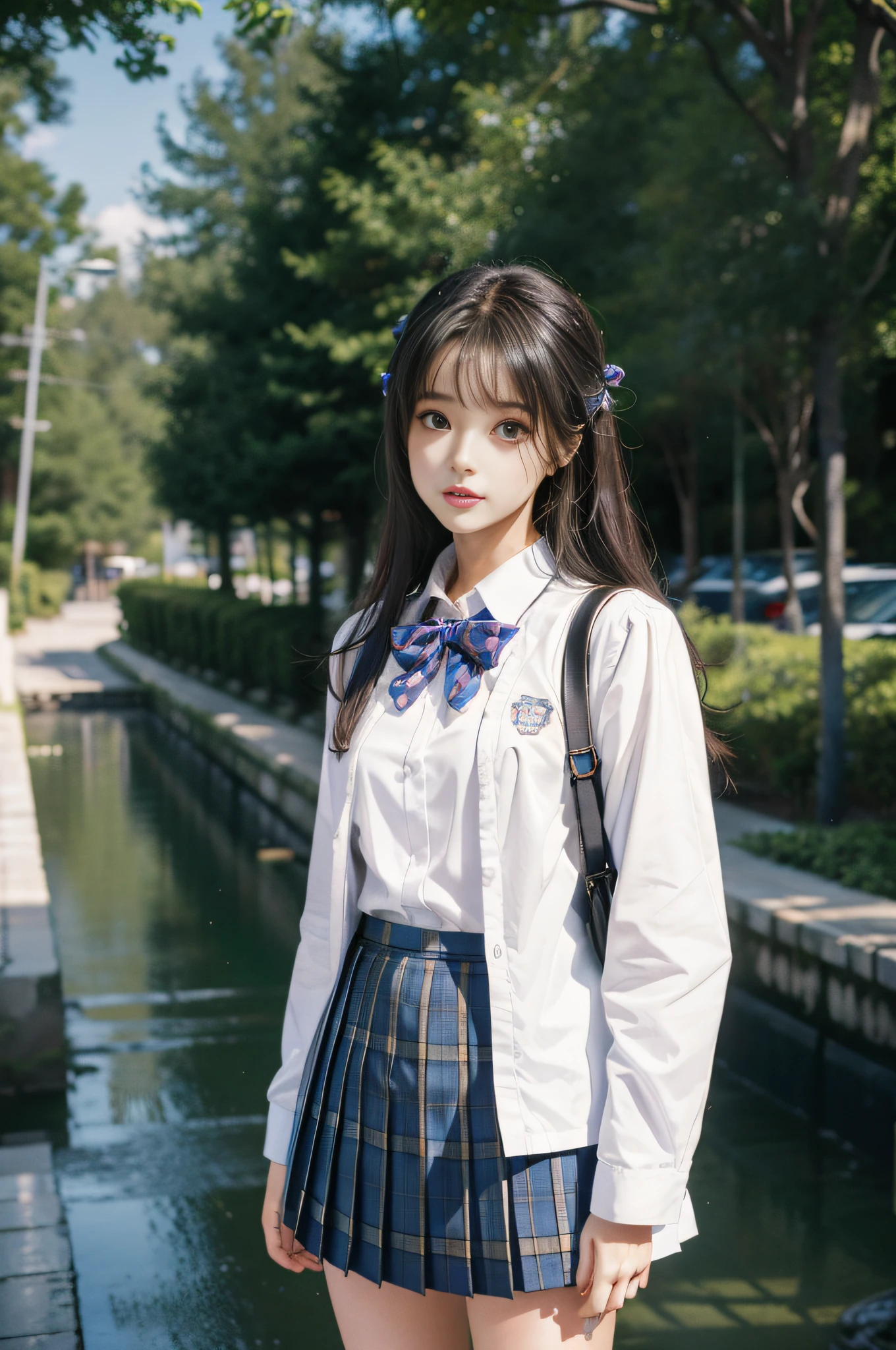 (8K, Best Quality, Masterpiece: 1.2), Realistic, Ultra High Resolution, Intricate Details, 1 Girl, Beautiful Face, JK Suit, White Shirt, Colorful Bow Tie, Colorful Skirt, Plaid Skirt, Pleated Skirt, Upper Body, Standing, Wide Angle Lens, Surreal Schoolgirl, Surreal Schoolgirl, Realistic Anime 3 D Style, Realistic Schoolgirl, Smooth Anime CG Art, 3 D Anime Realistic, Beautiful Anime High School Girls, Sakimichan HDRI, Magical school student uniform, realistic anime, realistic young anime girl (8K, best quality, masterpiece: 1.2), realistic, super high resolution, intricate details, 1 girl, beautiful face, jk suit, white shirt, forest, creek, foot wash, colorful hair