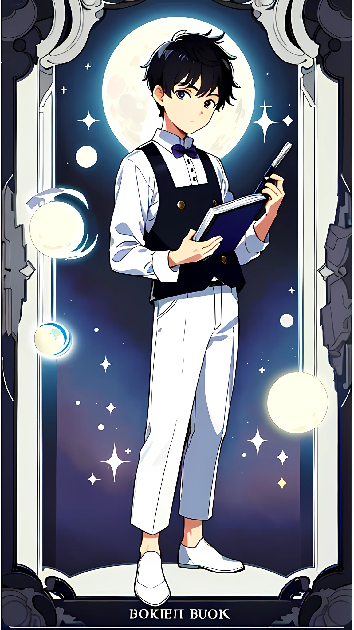 masterpiece, best quality, full body, card, 1 boy, the moon, calm, wisdom, clever, short hair, black hair, brush cut, white shirt, standing, white, blue, black, purple, book, boy, child