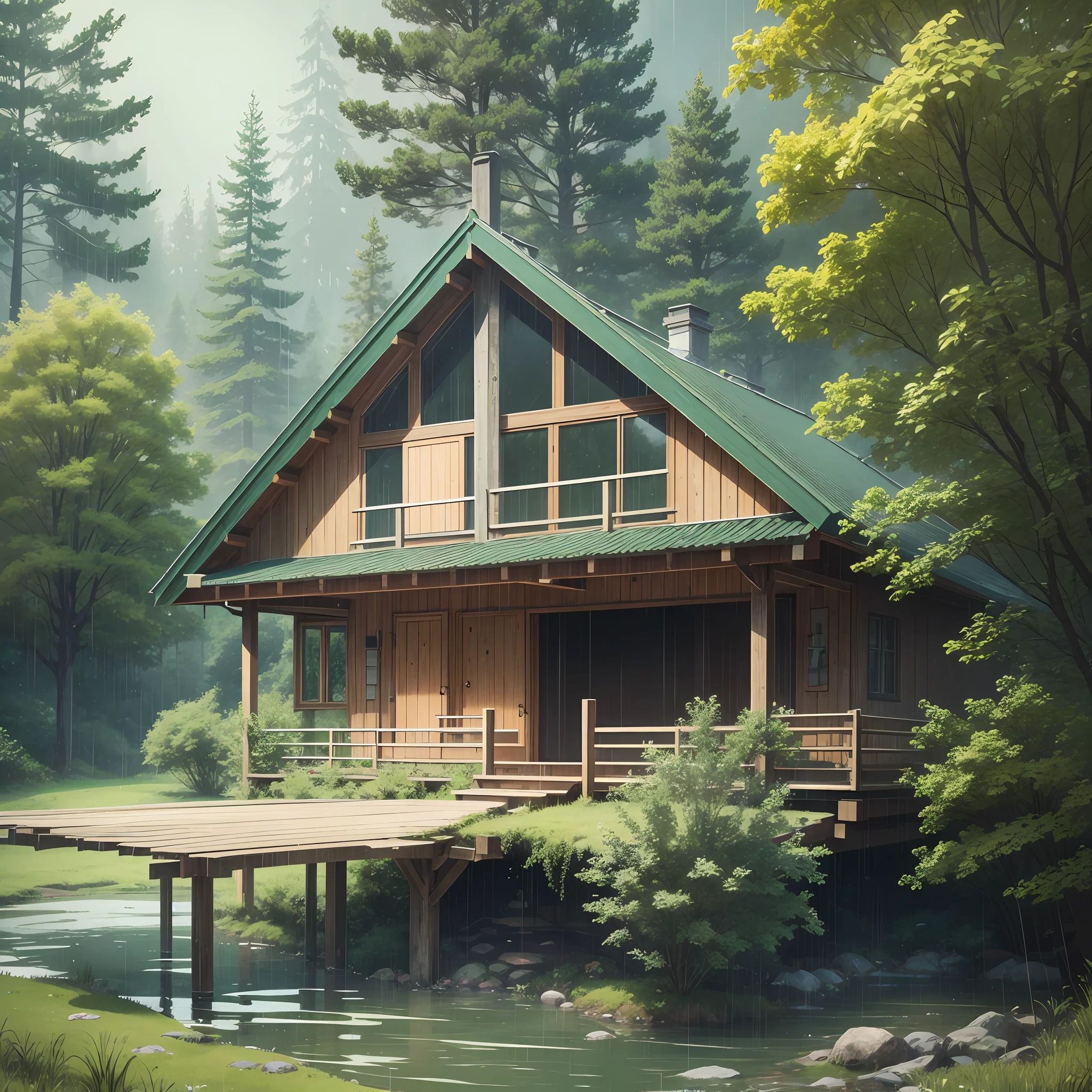 A simple house in the forest, with a lot of rain and a small lake around the house, very green --auto --s2