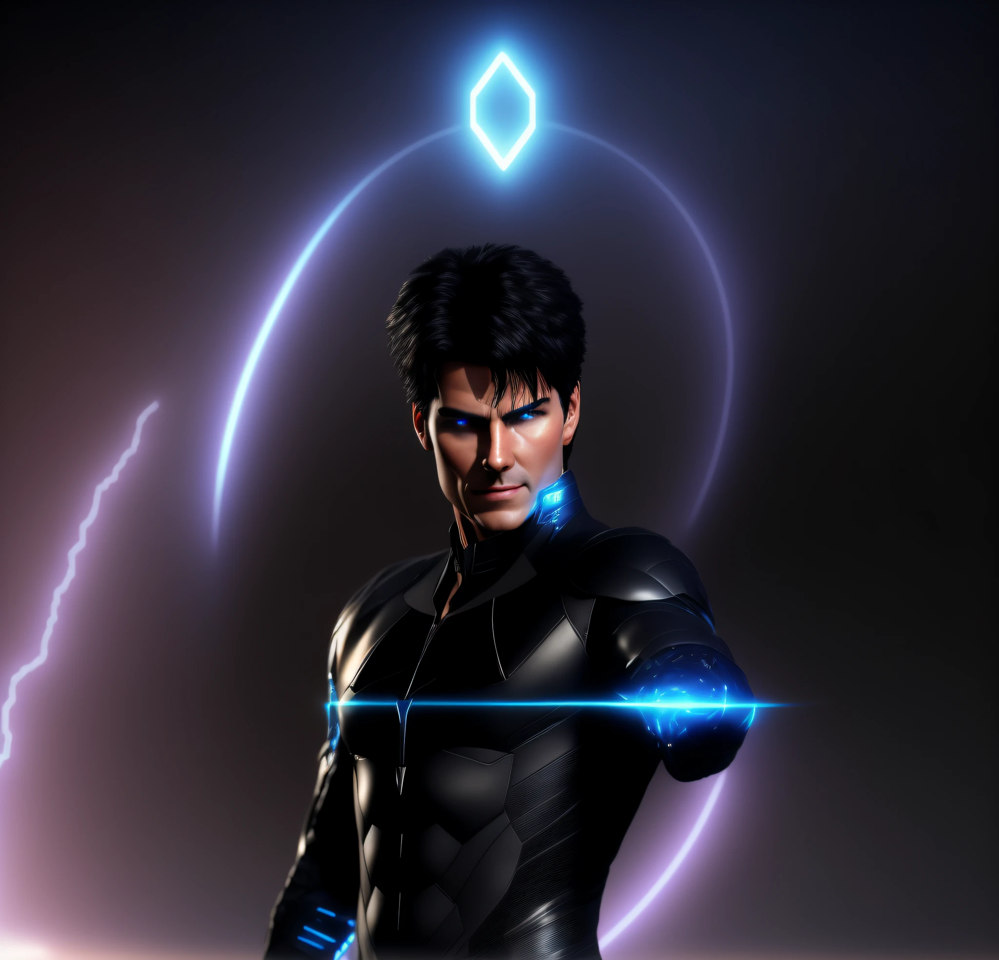 A closeup of a 21-year-old in a suit with a shiny halo, Tom Cruise as Kenshiro, Krypton, Fan Art, John Park, Barclay Shaw 8K photorealistic, 3D render character art 8K, promotional render, Ray Trace 4K, this character has cryokinesis, Ray Trace 4K, Bright Black Aura, Scifi Character render