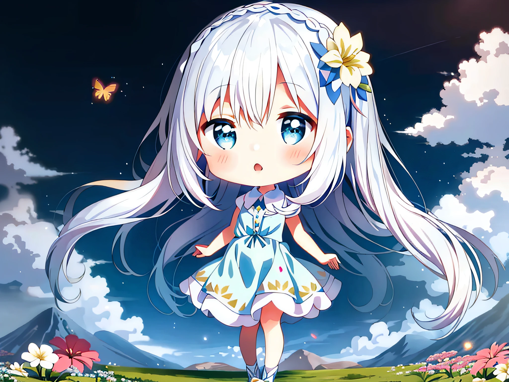 (cute, loli, 4K, anime style, long white hair, blue dress, standing in the field, white headdress, splash art, young girl, red ink rendering:1.2, chibi anime girl, cyan rendering:0.9, landscape frame)