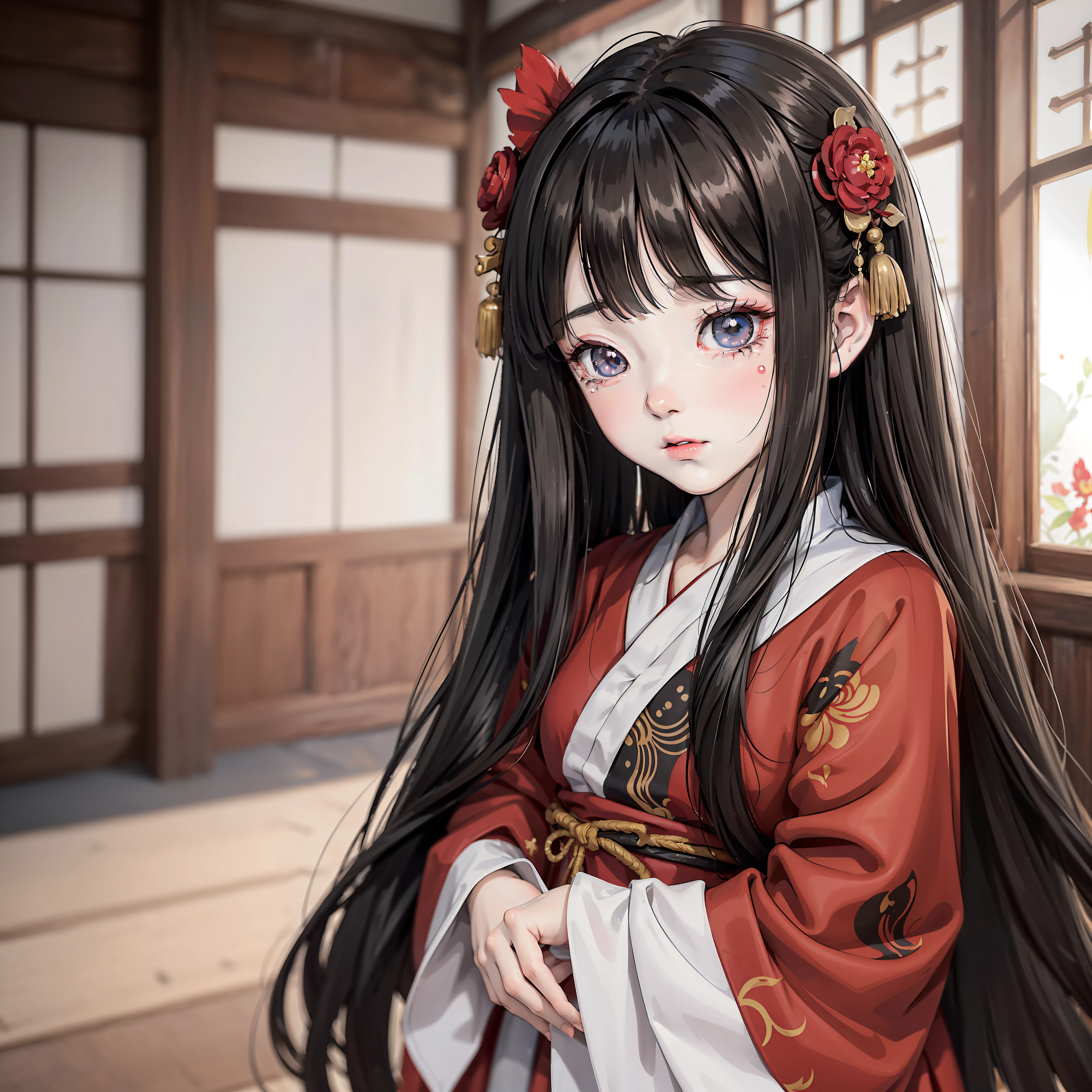 Anime little girl with long black hair and about 10 years old wearing red Hanfu, red flower (crying expression 1.5) (tears 1.5) (background is ancient Chinese room 1.5) anime style 4 K, anime rendering, Guvez style artwork, anime style. 8k, Guvitz, Beautiful Anime Girl, Beautiful Anime Face, Cute Anime Girl (Pure Big Eyes 1.5) (Upper Body Display 1.5) (Crystal Beautiful Eyes 1.5) (Poor Milk 1.3) (Baby Little Girl 1.3) (Cinematic Lighting 1.5)