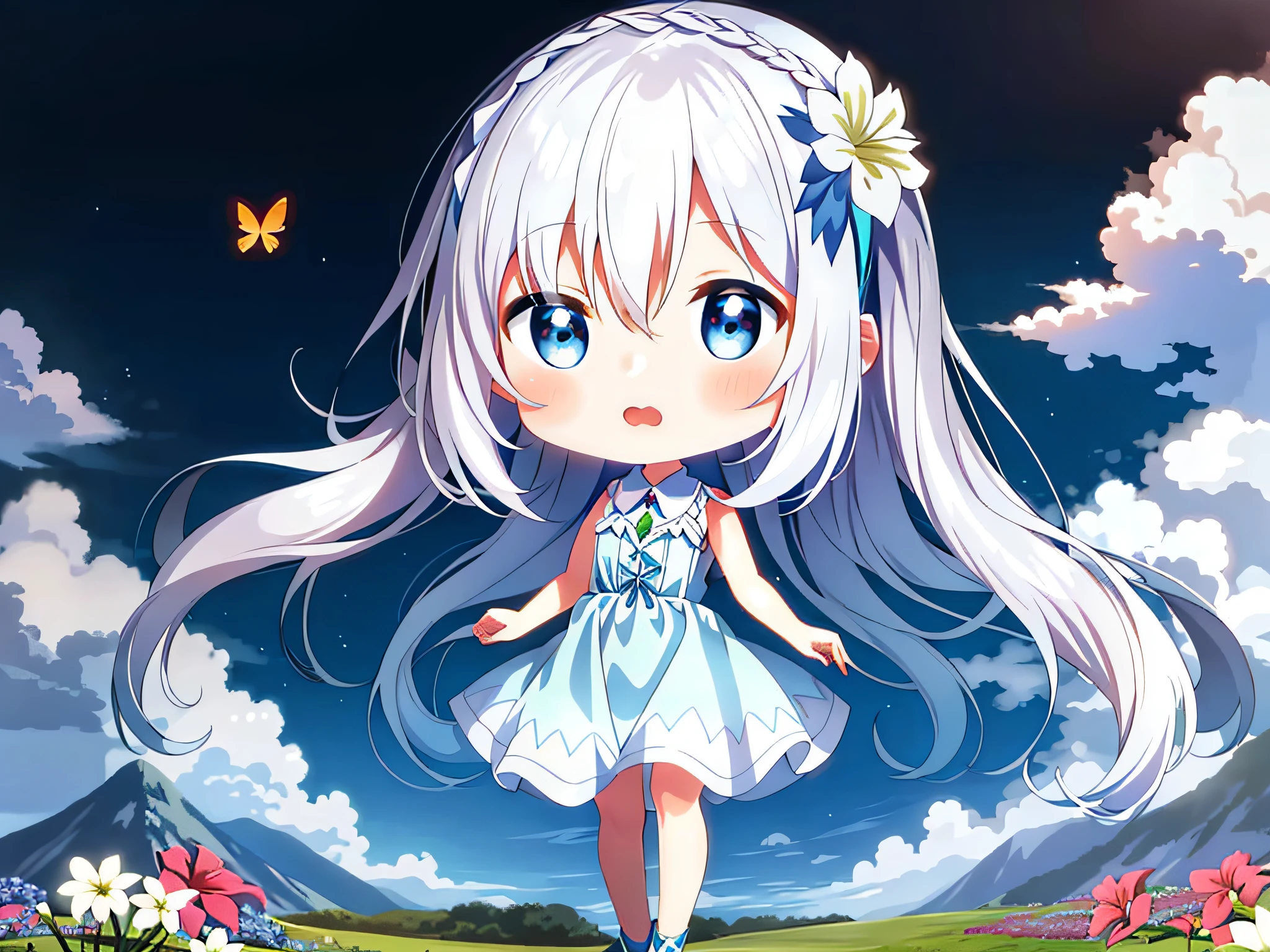 (cute, li, 4K, anime style, long white hair, blue dress, standing in the field, white headdress, splash art, young girl, red ink rendering:1.2, chibi anime girl, cyan rendering:0.9, landscape frame)