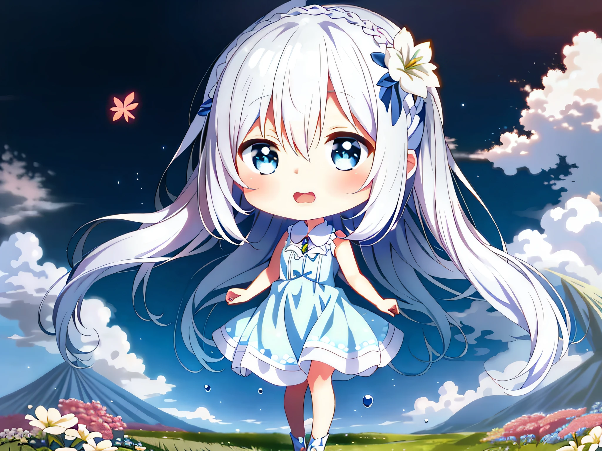 (cute, li, 4K, anime style, long white hair, blue dress, standing in the field, white headdress, splash art, young girl, red ink rendering:1.2, chibi anime girl, cyan rendering:0.9, landscape frame)