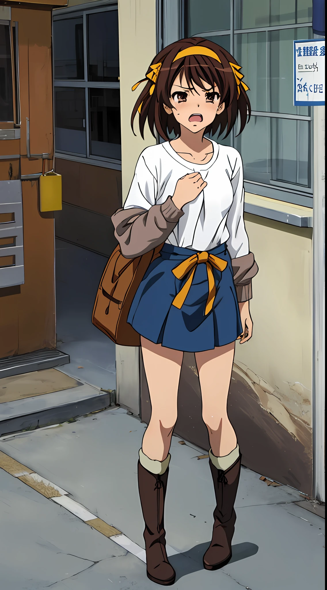 masterpiece, best quality, high definition, 1girl, solo, superhero, shirt, regular shirt, gray shirt, stockings, brown hair, short hair, brown eyes, hair headband, medium hair, ribbon, boots, matching shoes, medium chest, standing, crying, tears, tears, screaming, sad, suffering, urban background, Haruhi Suzumiya, Kyoi Haruhi style, autumn, winter, cloudy,